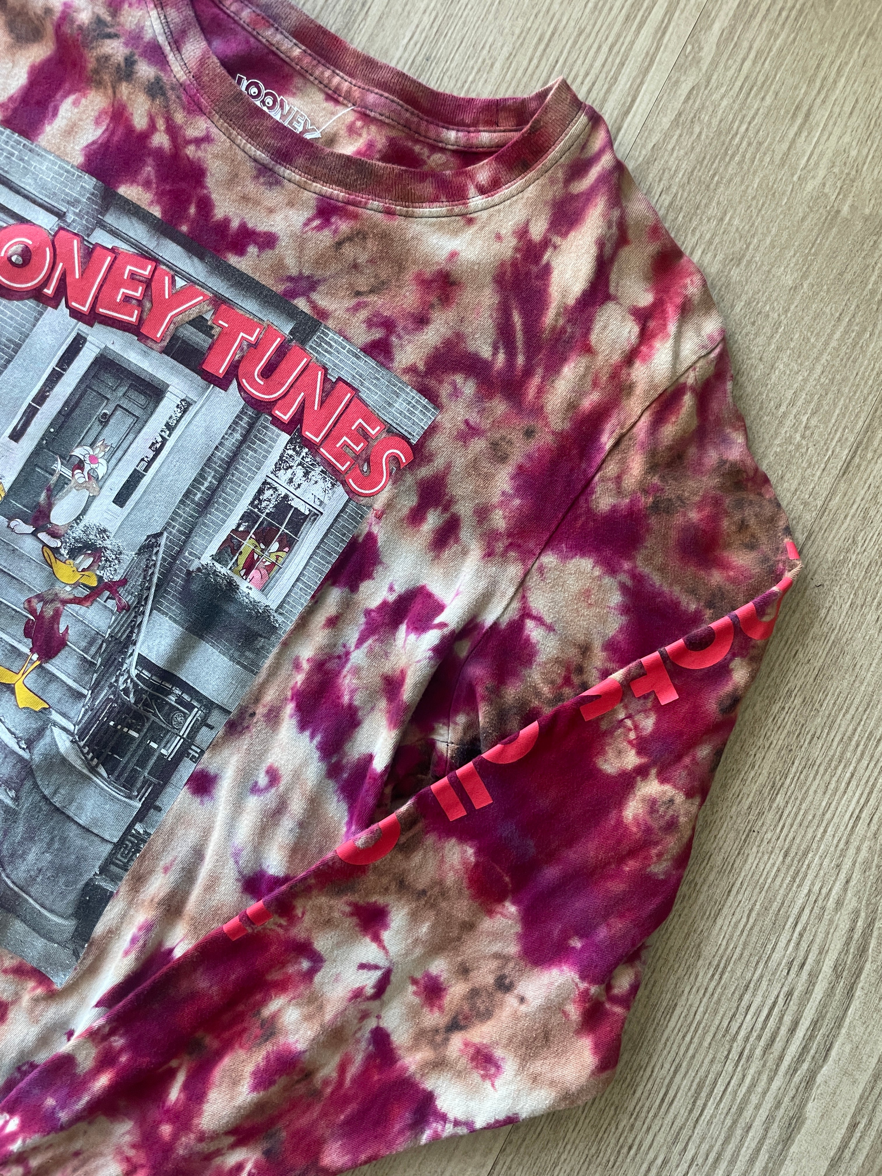 LARGE Men's Looney Tunes Front Stoop Handmade Reverse Tie Dye Long Sleeve Sleeve T-Shirt | One-Of-a-Kind Upcycled Black and Red Crumpled Top