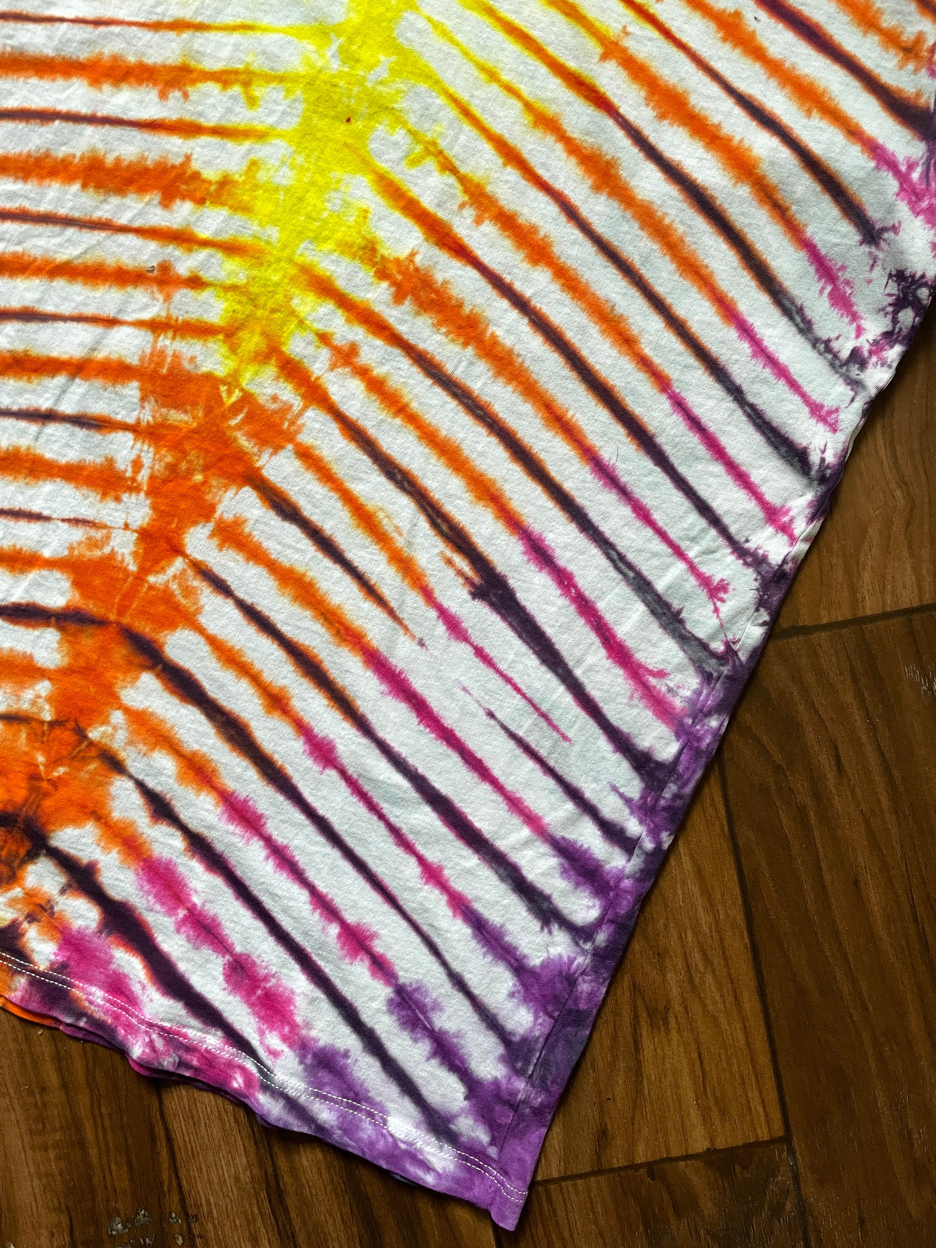 Medium Women's Yves Saint Laurent Handmade Tie Dye Short Sleeve T-Shirt | One-Of-a-Kind Upcycled Pink, Orange, and Yellow Pleated Tie Dye Top