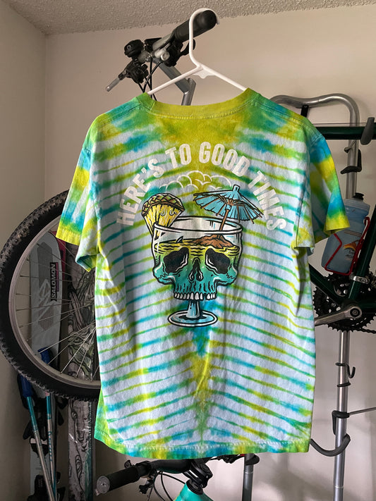 Medium Here's to Good Times Beach Skull Handmade Tie Dye Short Sleeve T-Shirt | One-Of-a-Kind Upcycled Blue and Green Pleated Tie Dye Top