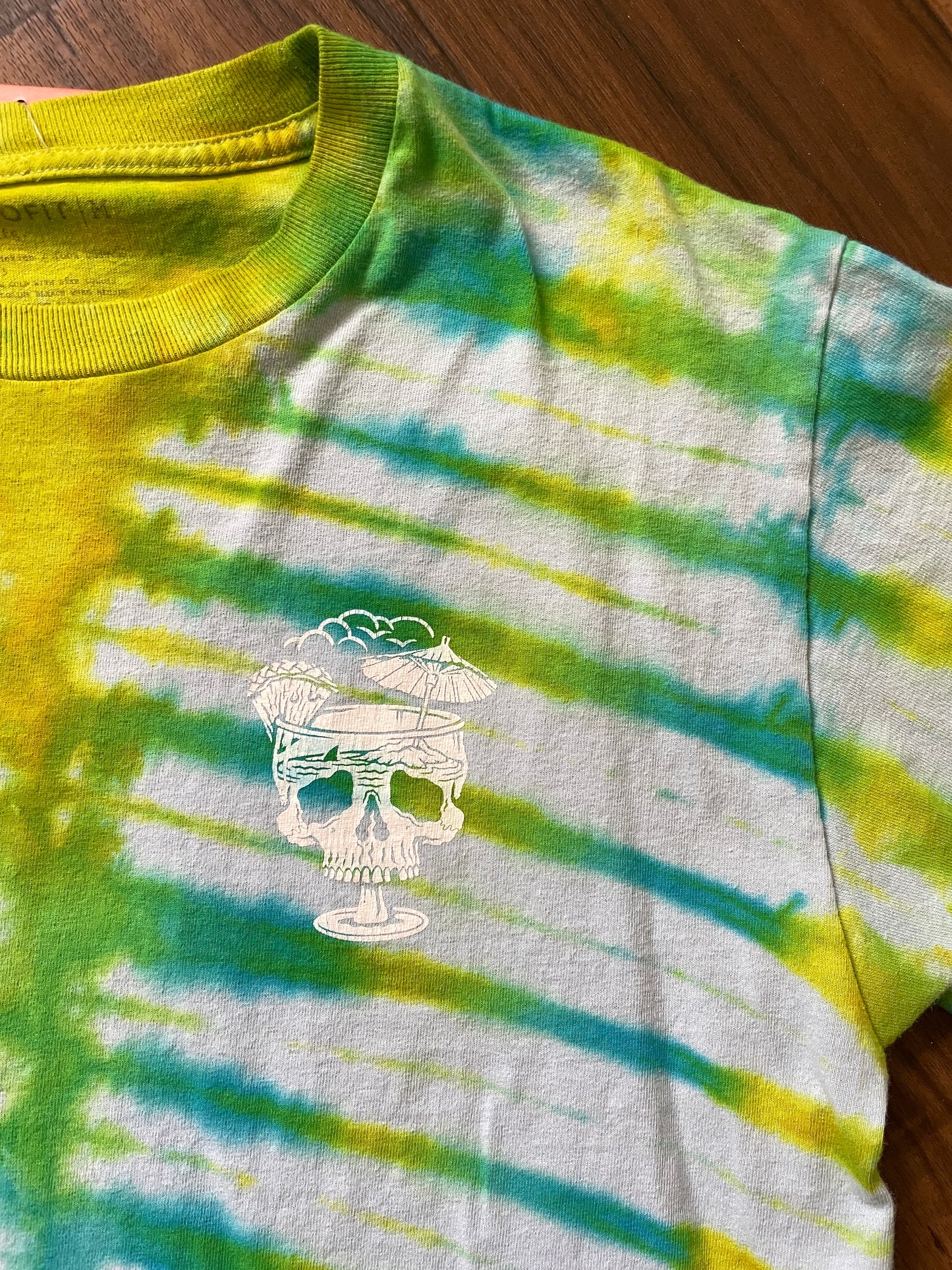 Medium Here's to Good Times Beach Skull Handmade Tie Dye Short Sleeve T-Shirt | One-Of-a-Kind Upcycled Blue and Green Pleated Tie Dye Top