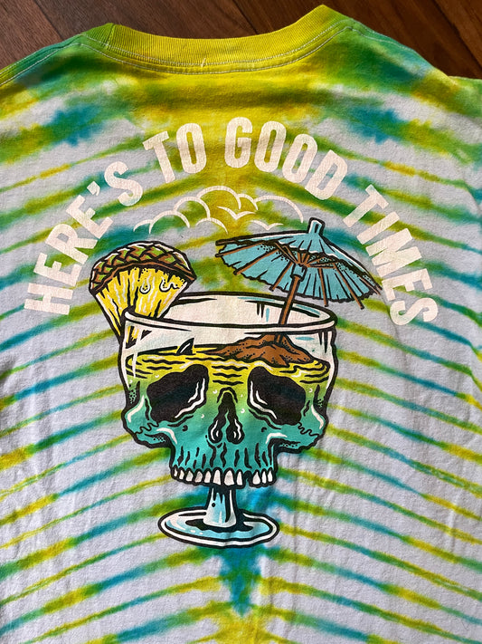 Medium Here's to Good Times Beach Skull Handmade Tie Dye Short Sleeve T-Shirt | One-Of-a-Kind Upcycled Blue and Green Pleated Tie Dye Top