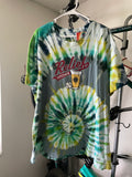 2XL Men's Life is Good Relief Pitcher Handmade Reverse Tie Dye Short Sleeve T-Shirt | One-Of-a-Kind Upcycled Gray and Green Spiral Tie Dye Top