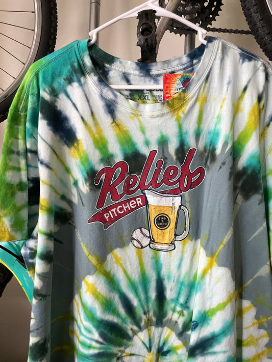 2XL Men's Life is Good Relief Pitcher Handmade Reverse Tie Dye Short Sleeve T-Shirt | One-Of-a-Kind Upcycled Gray and Green Spiral Tie Dye Top