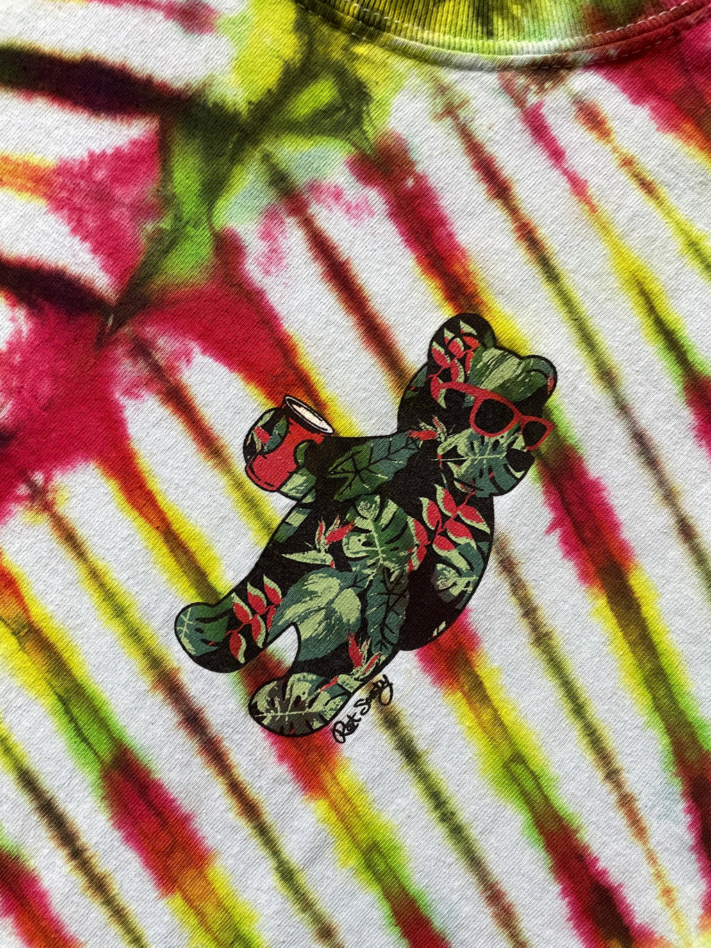 Large Men's Riot Society Rasta Bear Handmade Tie Dye Short Sleeve T-Shirt | One-Of-a-Kind Upcycled Red, Yellow, and Green V-Pleated Tie Dye Top