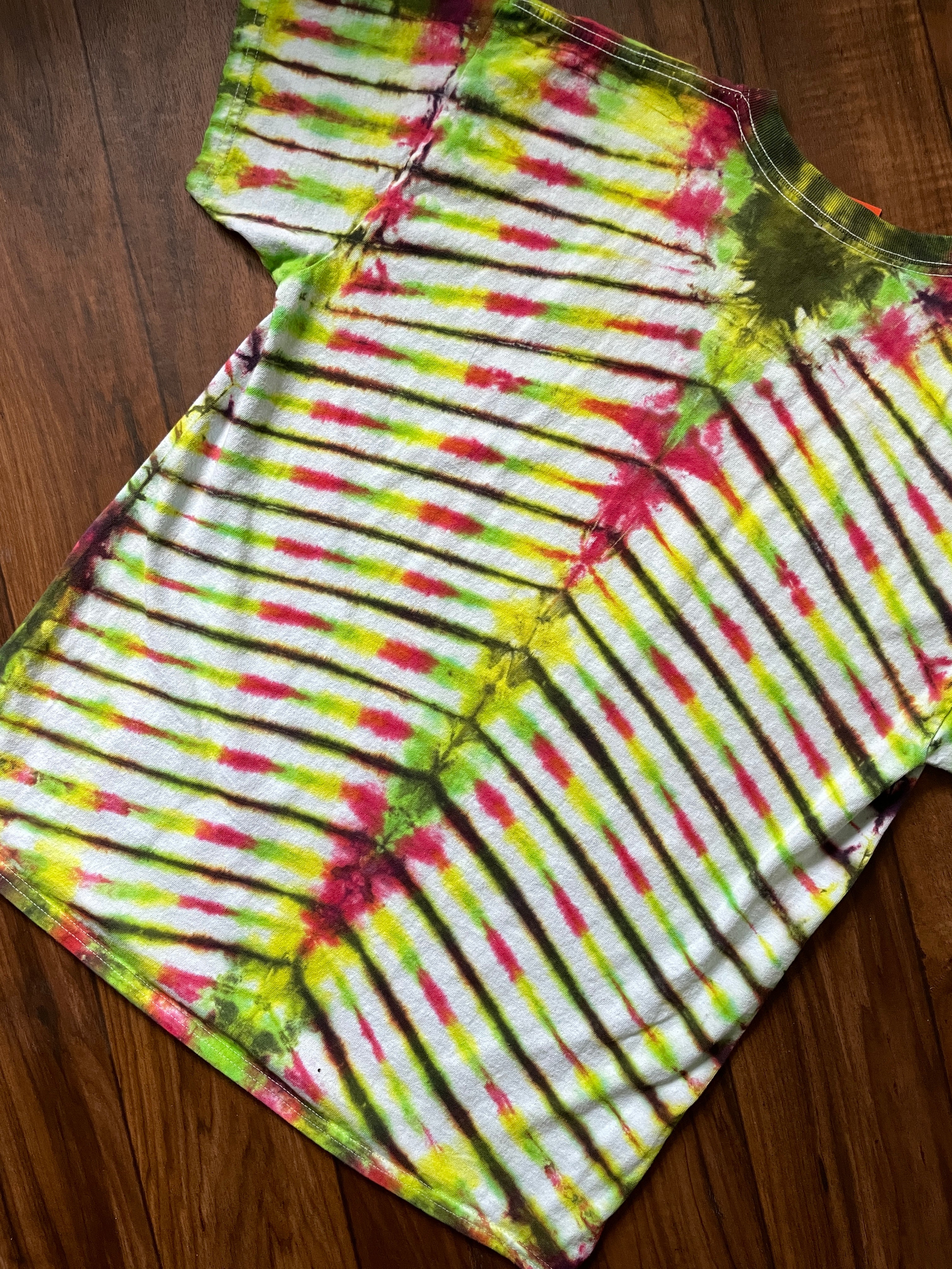 Large Men's Riot Society Rasta Bear Handmade Tie Dye Short Sleeve T-Shirt | One-Of-a-Kind Upcycled Red, Yellow, and Green V-Pleated Tie Dye Top