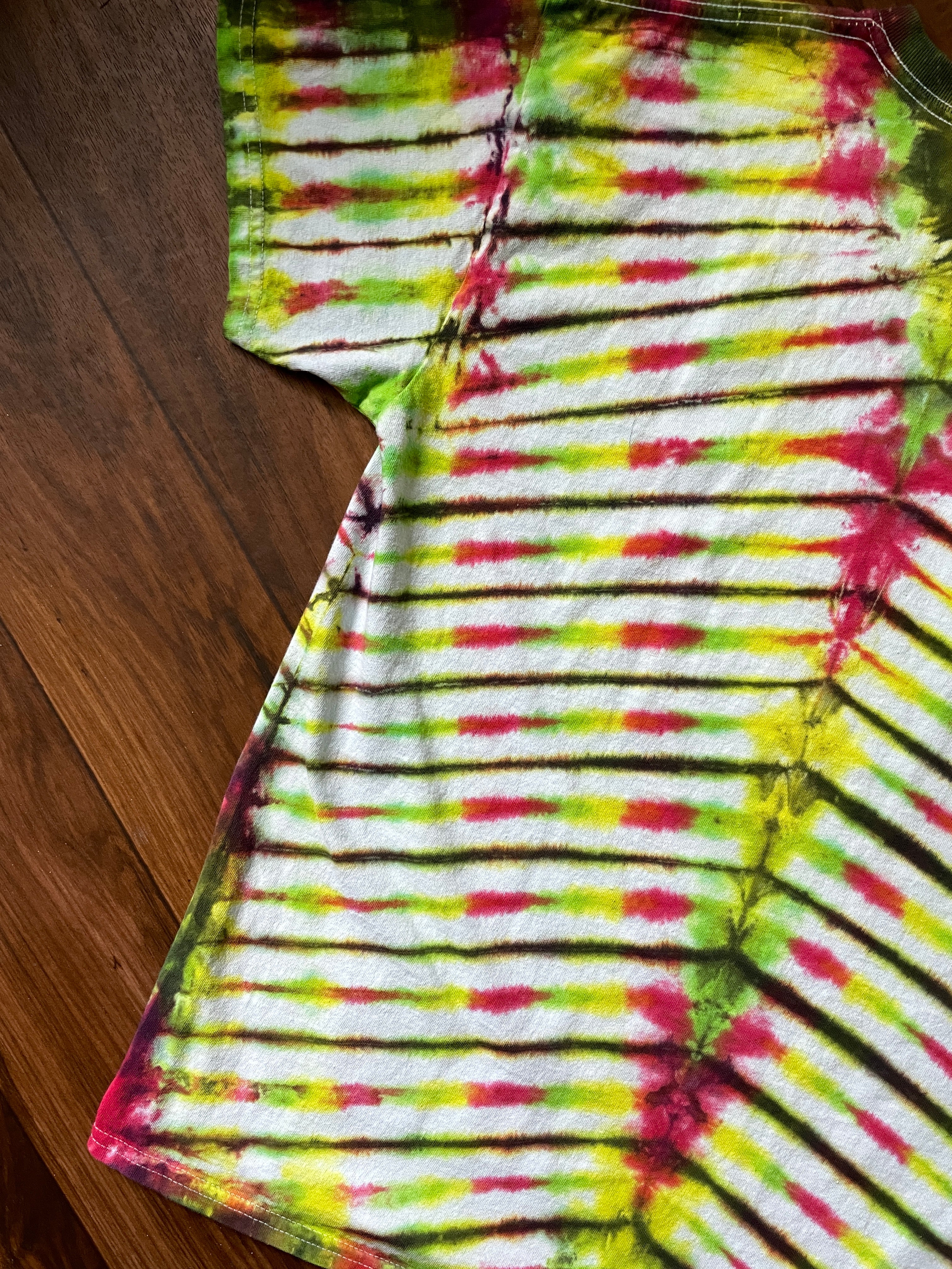 Large Men's Riot Society Rasta Bear Handmade Tie Dye Short Sleeve T-Shirt | One-Of-a-Kind Upcycled Red, Yellow, and Green V-Pleated Tie Dye Top