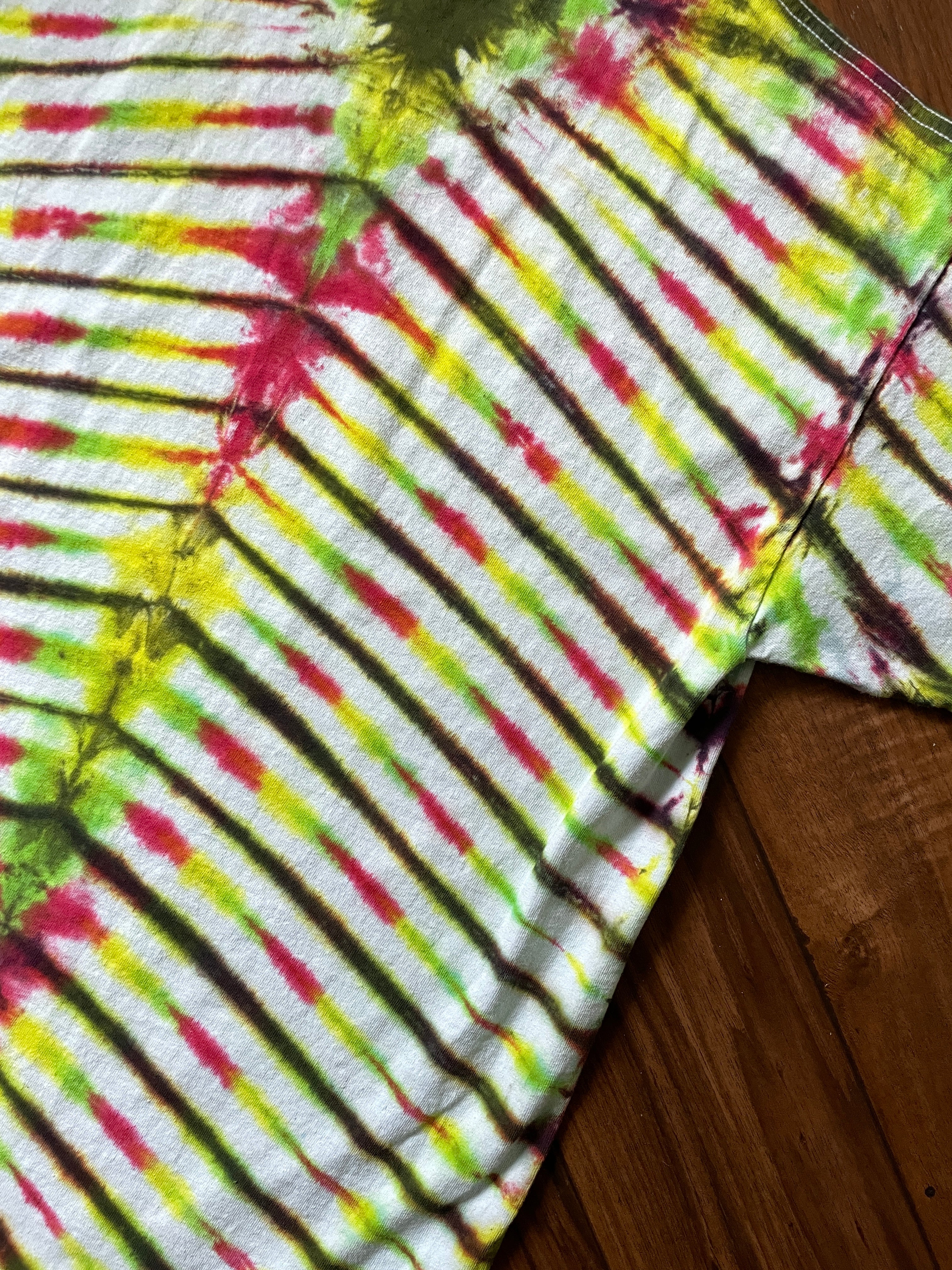 Large Men's Riot Society Rasta Bear Handmade Tie Dye Short Sleeve T-Shirt | One-Of-a-Kind Upcycled Red, Yellow, and Green V-Pleated Tie Dye Top