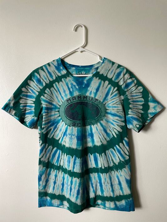 Large Mammut Handmade Reverse Tie Dye Short Sleeve T-Shirt | One-Of-a-Kind Upcycled Green and Blue Circle Pleated Tie Dye Top