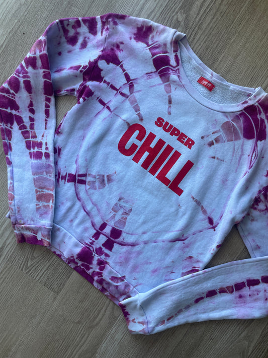 Large Women's Super Chill Shaka Handmade Tie Dye Long Sleeve Sweatshirt | One-Of-a-Kind Upcycled White and Pink Geode Crewneck