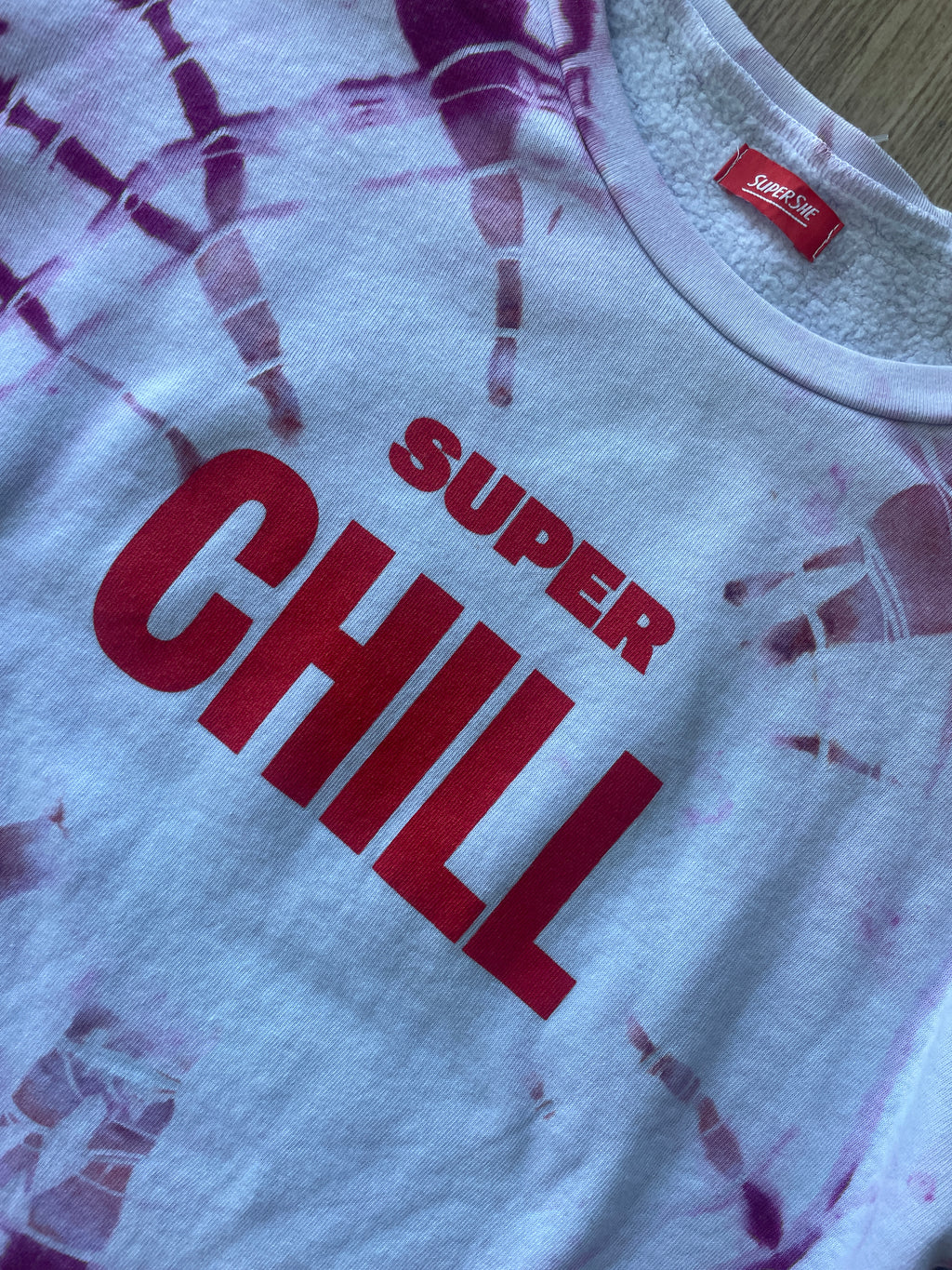 Large Women's Super Chill Shaka Handmade Tie Dye Long Sleeve Sweatshirt | One-Of-a-Kind Upcycled White and Pink Geode Crewneck