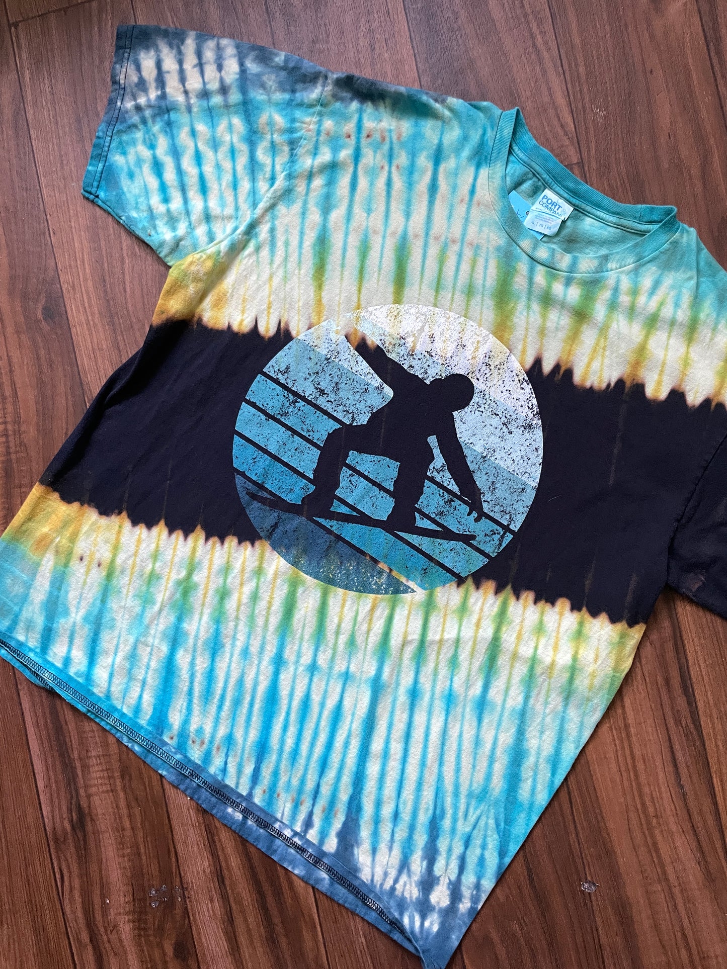 XL Men's Snowboarder Handmade Reverse Tie Dye Short Sleeve T-Shirt | One-Of-a-Kind Upcycled Black, Blue, and Green Pleated Tie Dye Top