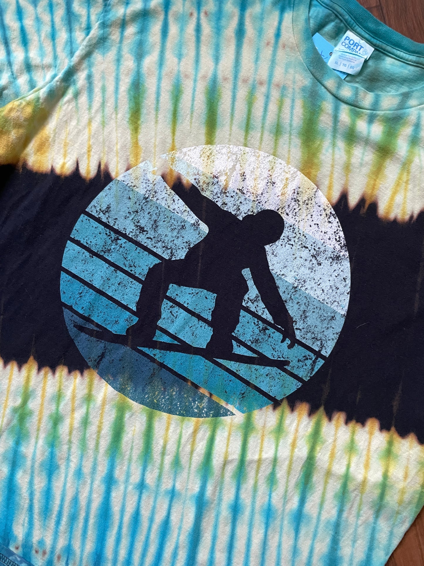 XL Men's Snowboarder Handmade Reverse Tie Dye Short Sleeve T-Shirt | One-Of-a-Kind Upcycled Black, Blue, and Green Pleated Tie Dye Top