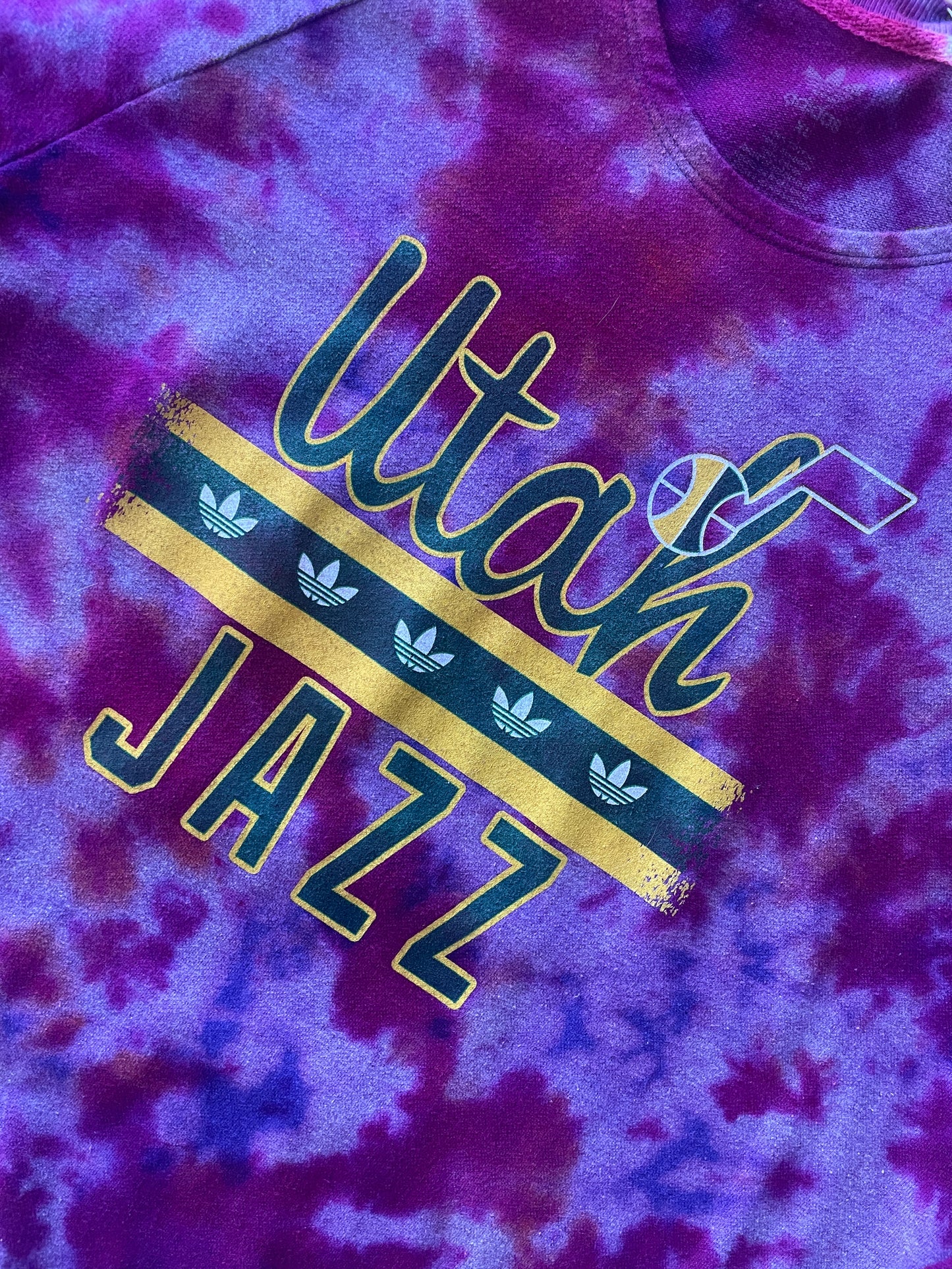 XL Women's Utah Jazz Handmade Tie Dye Long Sleeve Lightweight Sweatshirt | One-Of-a-Kind Upcycled Purple and White adidas Top