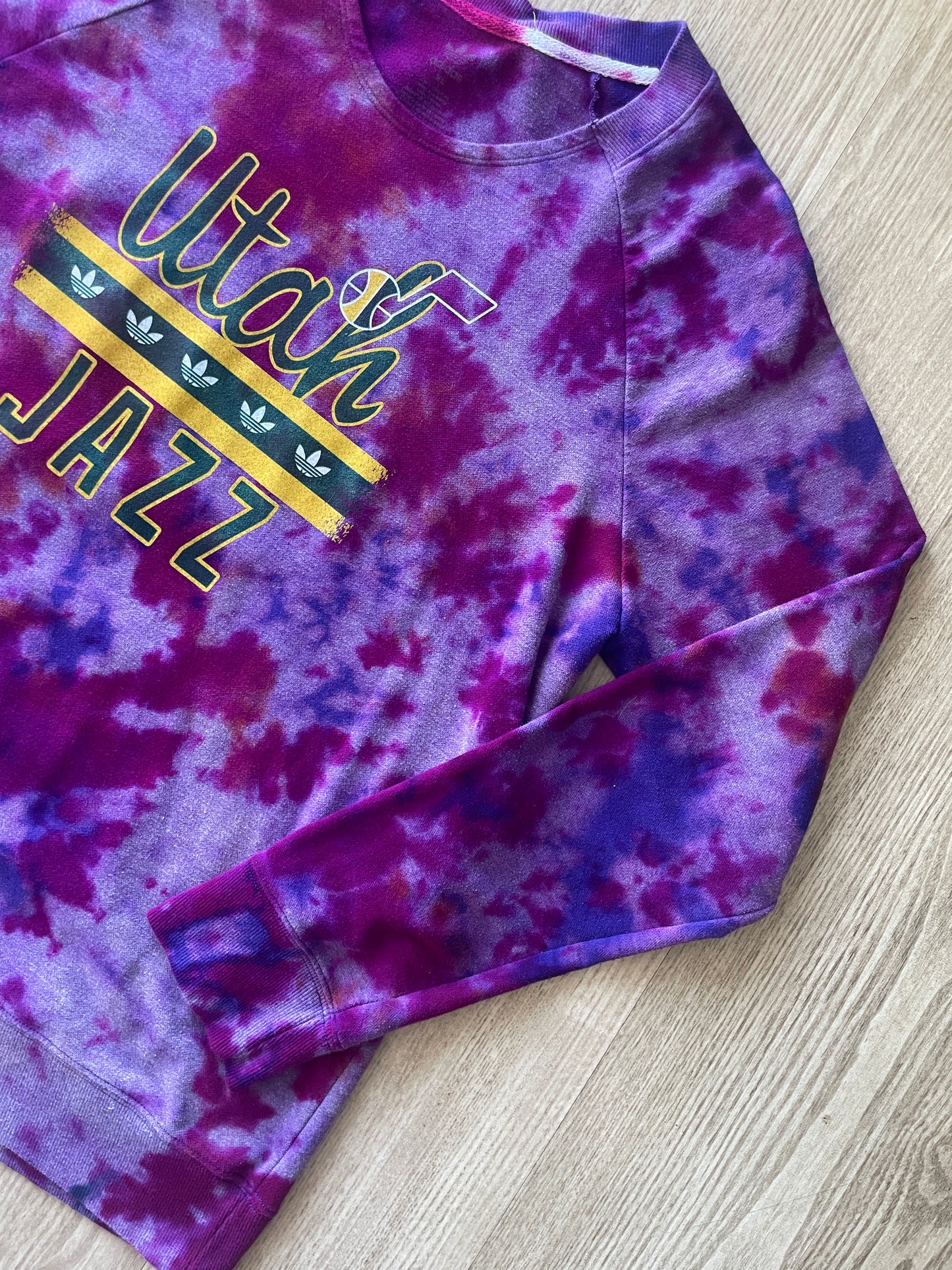 XL Women's Utah Jazz Handmade Tie Dye Long Sleeve Lightweight Sweatshirt | One-Of-a-Kind Upcycled Purple and White adidas Top