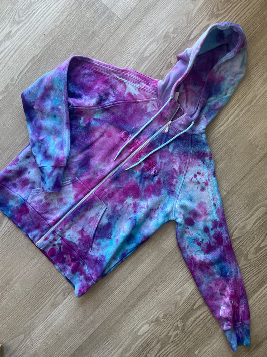 LARGE Women's adidas Galaxy Ice Dye Tie Dye Long Sleeve Full-Zip Hoodie | One-Of-a-Kind Upcycled Blue and Purple Sweatshirt