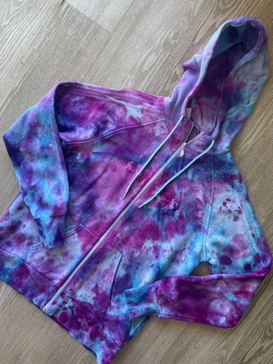 LARGE Women's adidas Galaxy Ice Dye Tie Dye Long Sleeve Full-Zip Hoodie | One-Of-a-Kind Upcycled Blue and Purple Sweatshirt