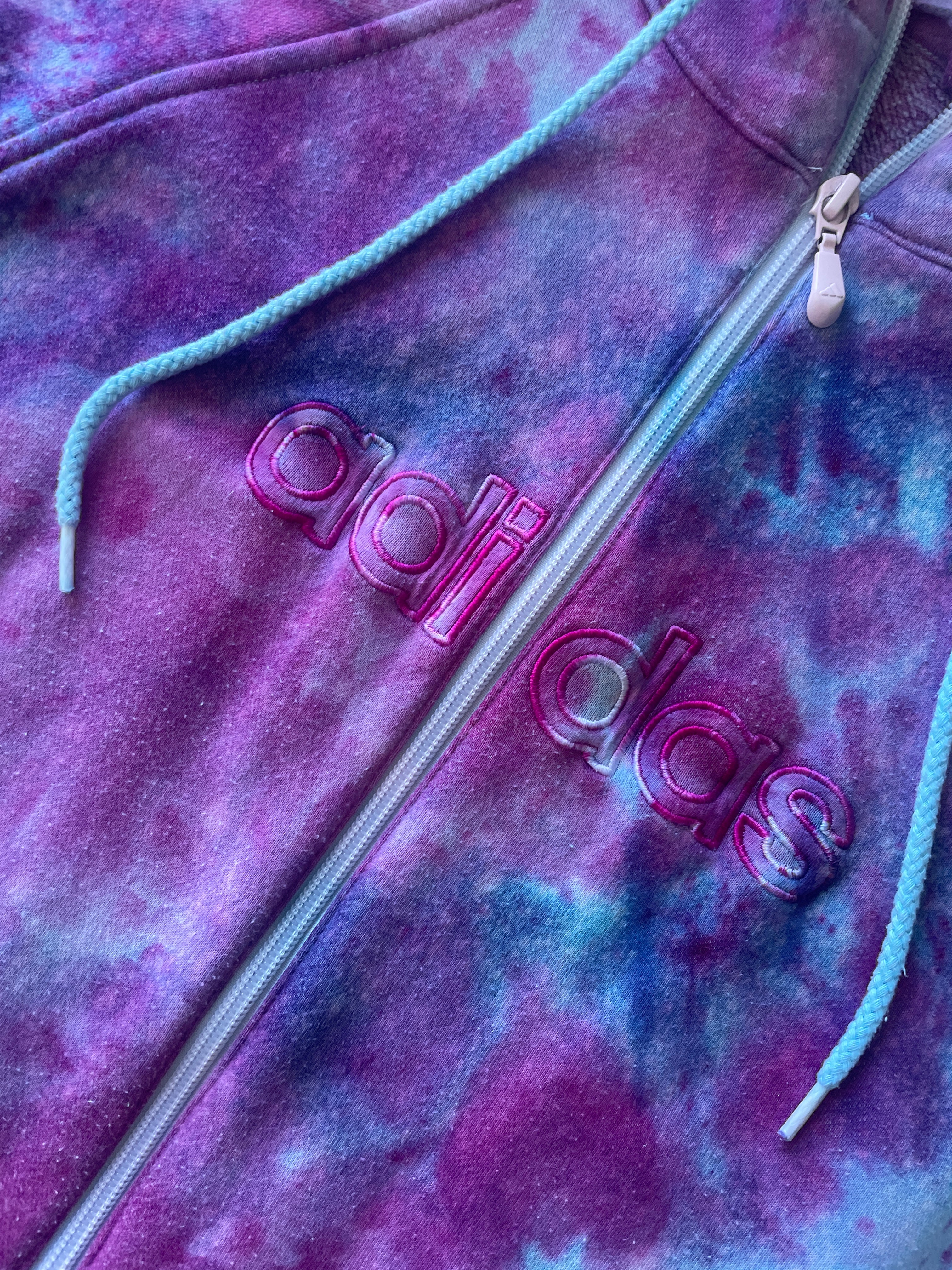 LARGE Women's adidas Galaxy Ice Dye Tie Dye Long Sleeve Full-Zip Hoodie | One-Of-a-Kind Upcycled Blue and Purple Sweatshirt