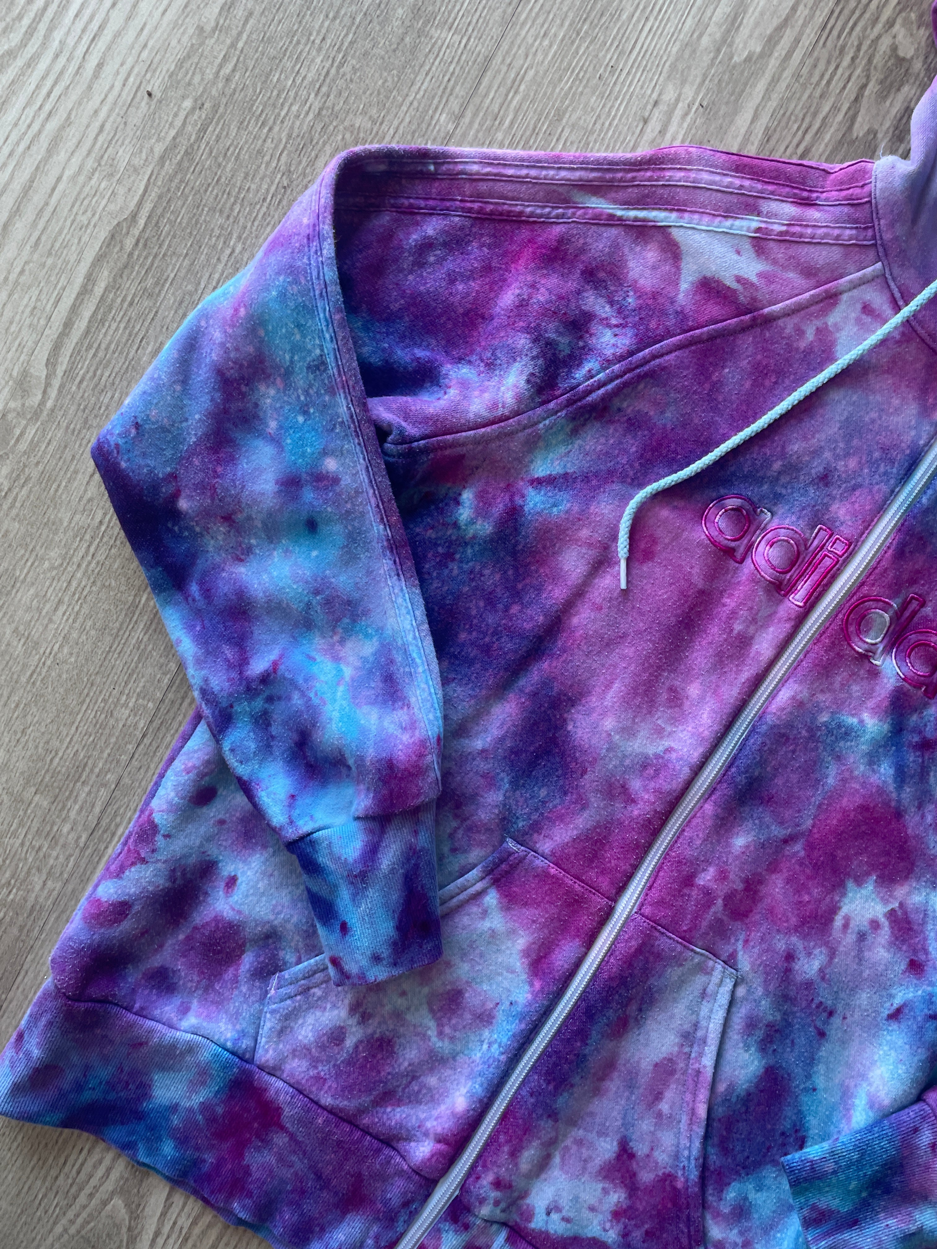 LARGE Women's adidas Galaxy Ice Dye Tie Dye Long Sleeve Full-Zip Hoodie | One-Of-a-Kind Upcycled Blue and Purple Sweatshirt