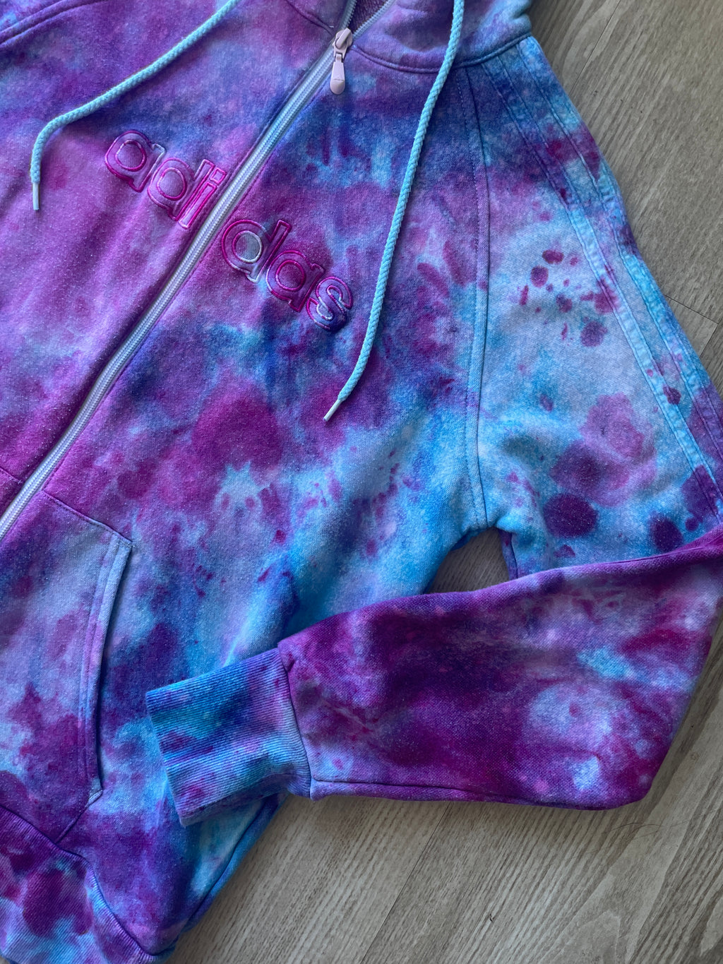 LARGE Women's adidas Galaxy Ice Dye Tie Dye Long Sleeve Full-Zip Hoodie | One-Of-a-Kind Upcycled Blue and Purple Sweatshirt