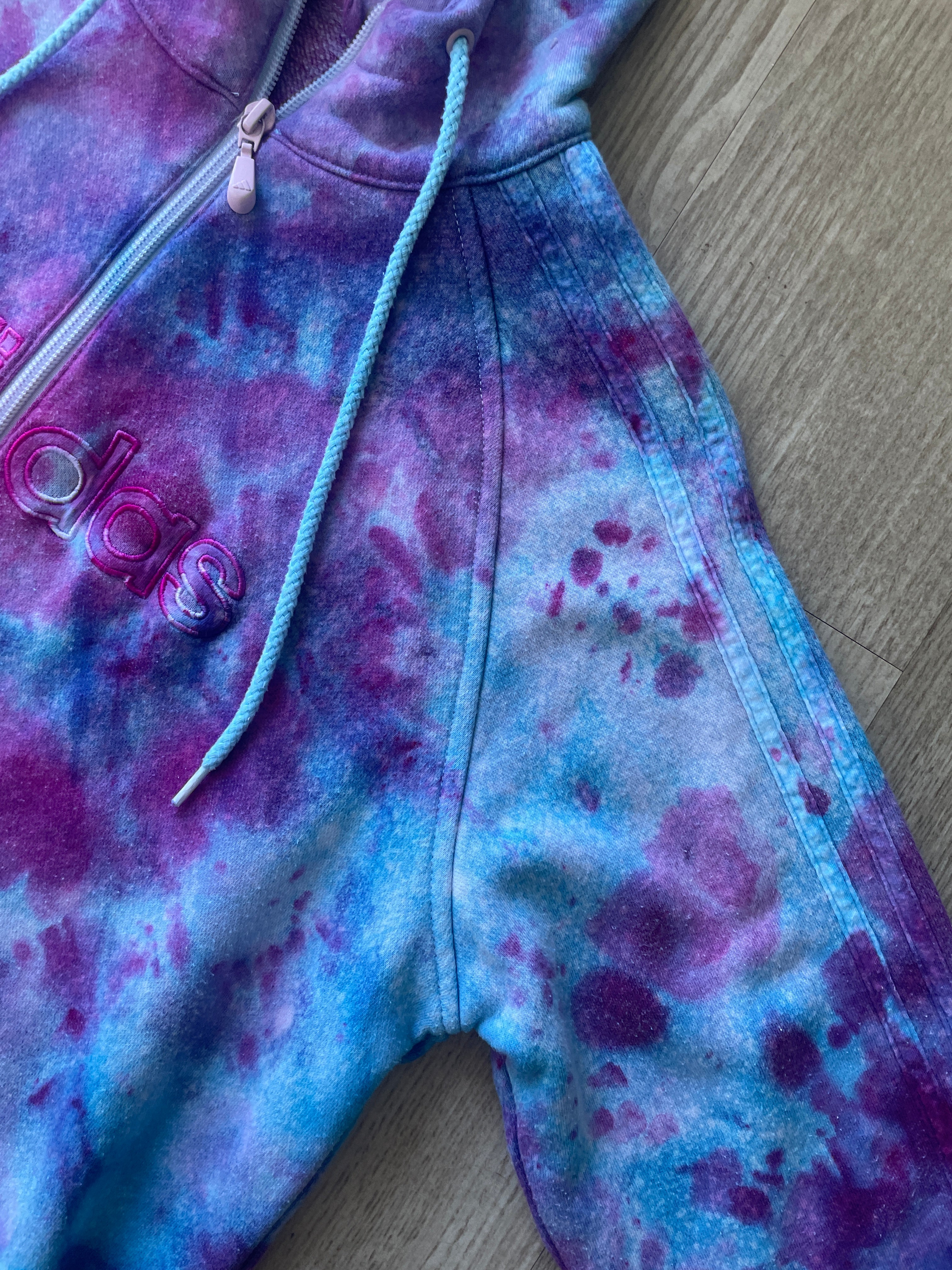 LARGE Women's adidas Galaxy Ice Dye Tie Dye Long Sleeve Full-Zip Hoodie | One-Of-a-Kind Upcycled Blue and Purple Sweatshirt