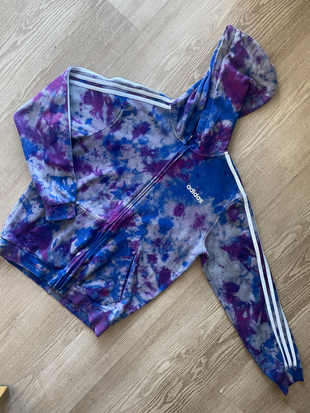 MEDIUM Men's adidas three stripes Handmade Reverse Tie Dye Long Sleeve Hoodie | One-Of-a-Kind Upcycled Blue and Purple Sweatshirt