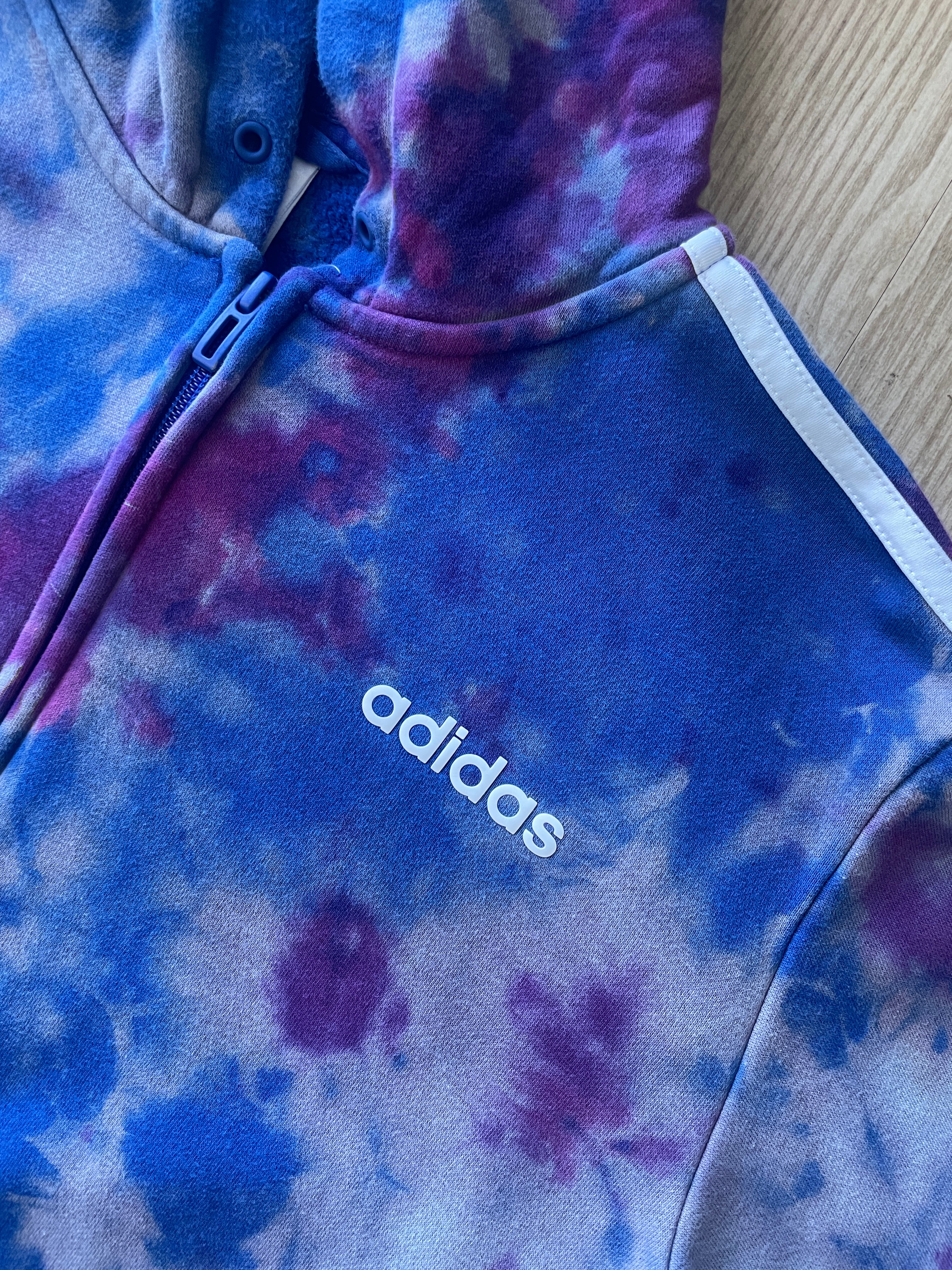 MEDIUM Men's adidas three stripes Handmade Reverse Tie Dye Long Sleeve Hoodie | One-Of-a-Kind Upcycled Blue and Purple Sweatshirt