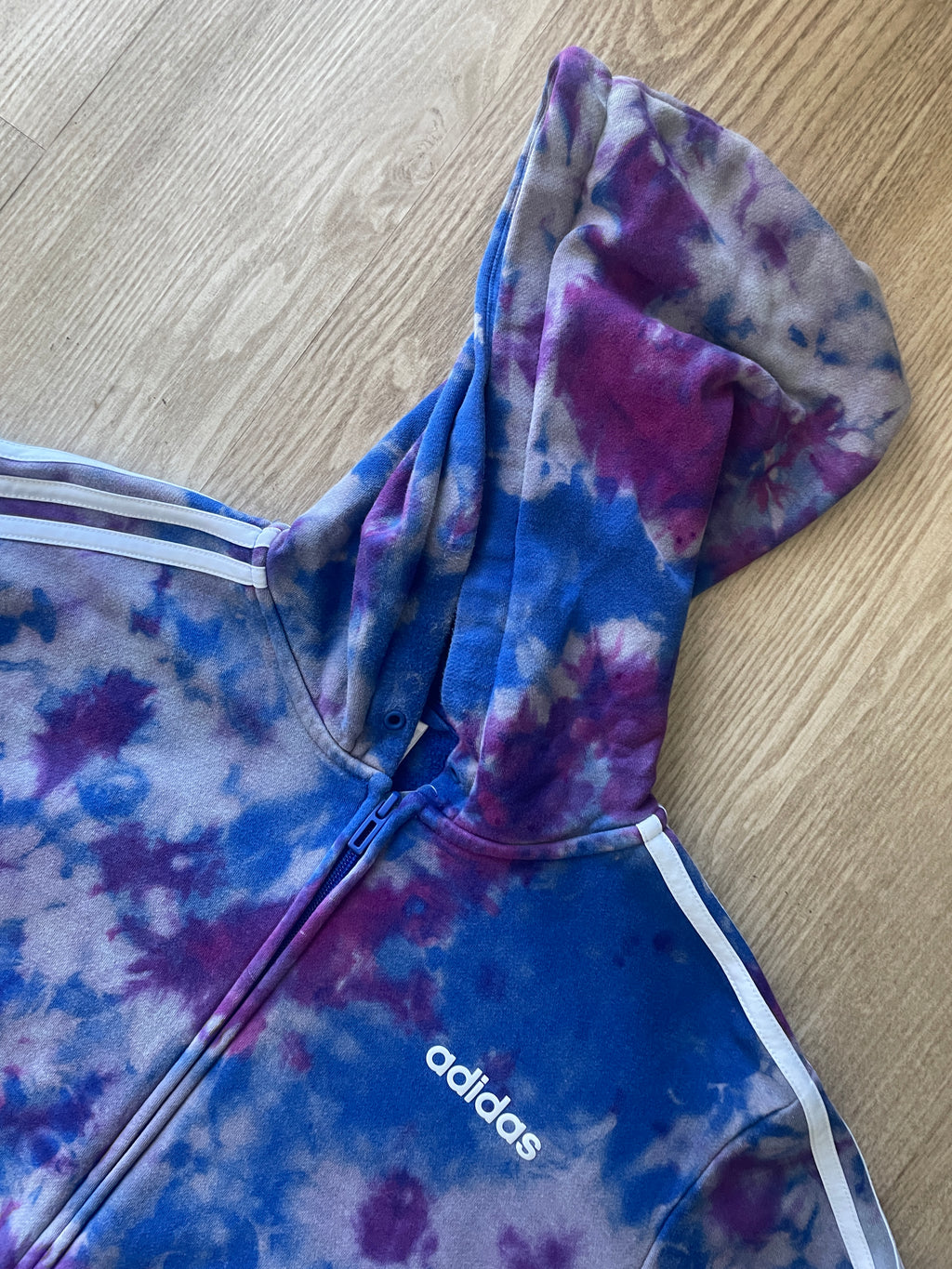 MEDIUM Men's adidas three stripes Handmade Reverse Tie Dye Long Sleeve Hoodie | One-Of-a-Kind Upcycled Blue and Purple Sweatshirt