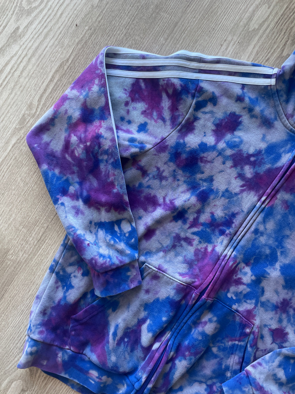 MEDIUM Men's adidas three stripes Handmade Reverse Tie Dye Long Sleeve Hoodie | One-Of-a-Kind Upcycled Blue and Purple Sweatshirt