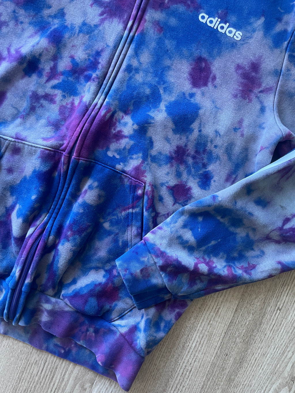 MEDIUM Men's adidas three stripes Handmade Reverse Tie Dye Long Sleeve Hoodie | One-Of-a-Kind Upcycled Blue and Purple Sweatshirt