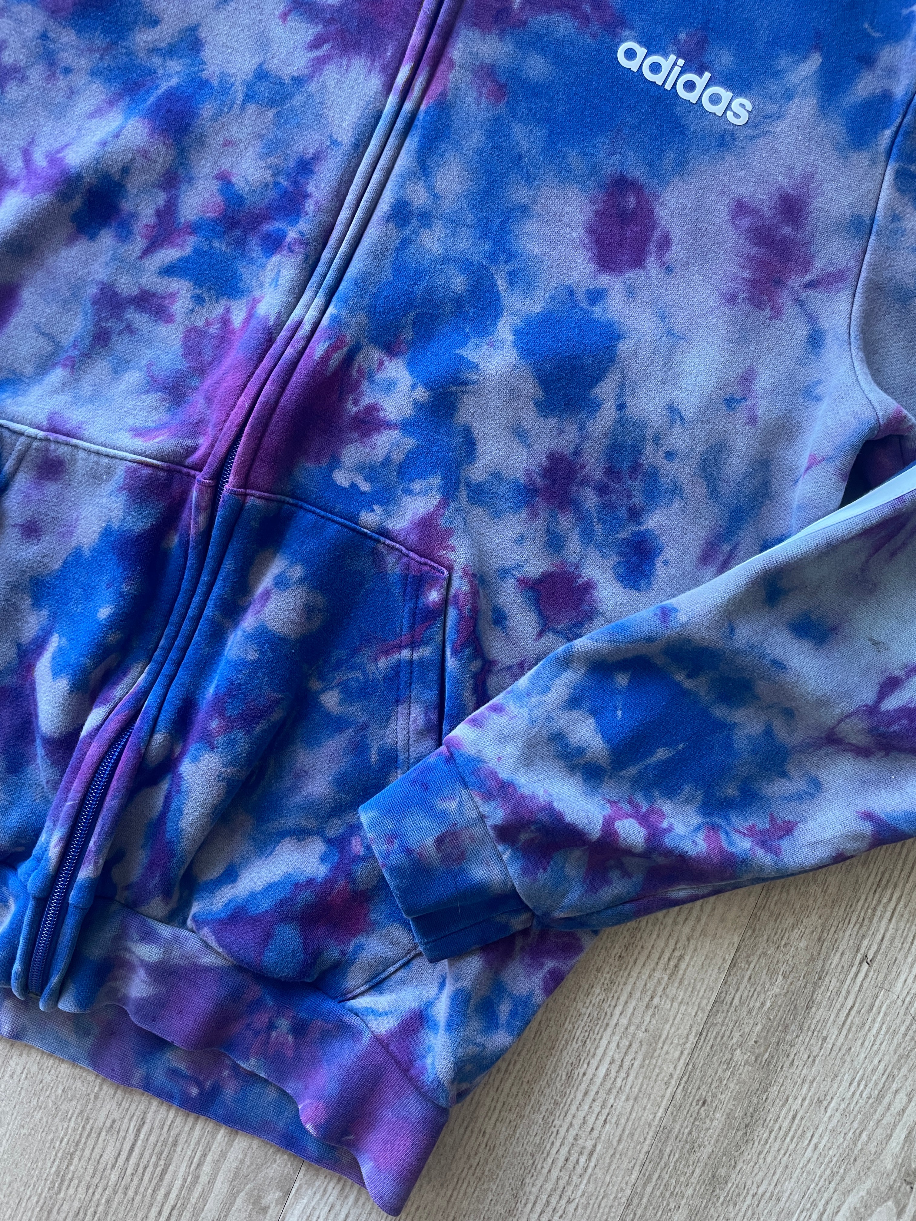 MEDIUM Men's adidas three stripes Handmade Reverse Tie Dye Long Sleeve Hoodie | One-Of-a-Kind Upcycled Blue and Purple Sweatshirt