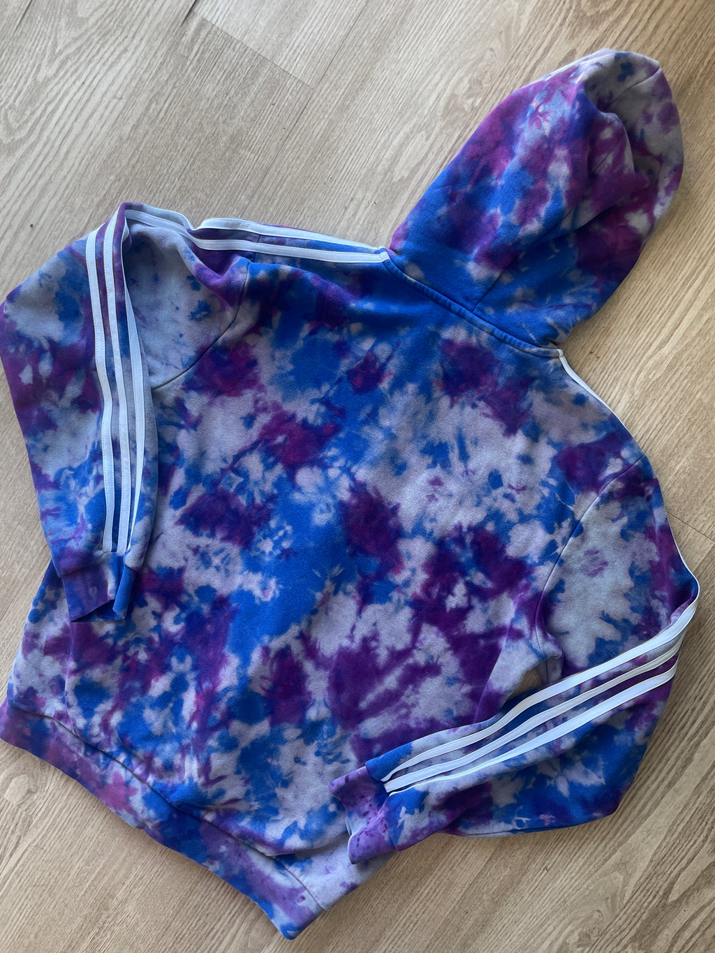 MEDIUM Men's adidas three stripes Handmade Reverse Tie Dye Long Sleeve Hoodie | One-Of-a-Kind Upcycled Blue and Purple Sweatshirt