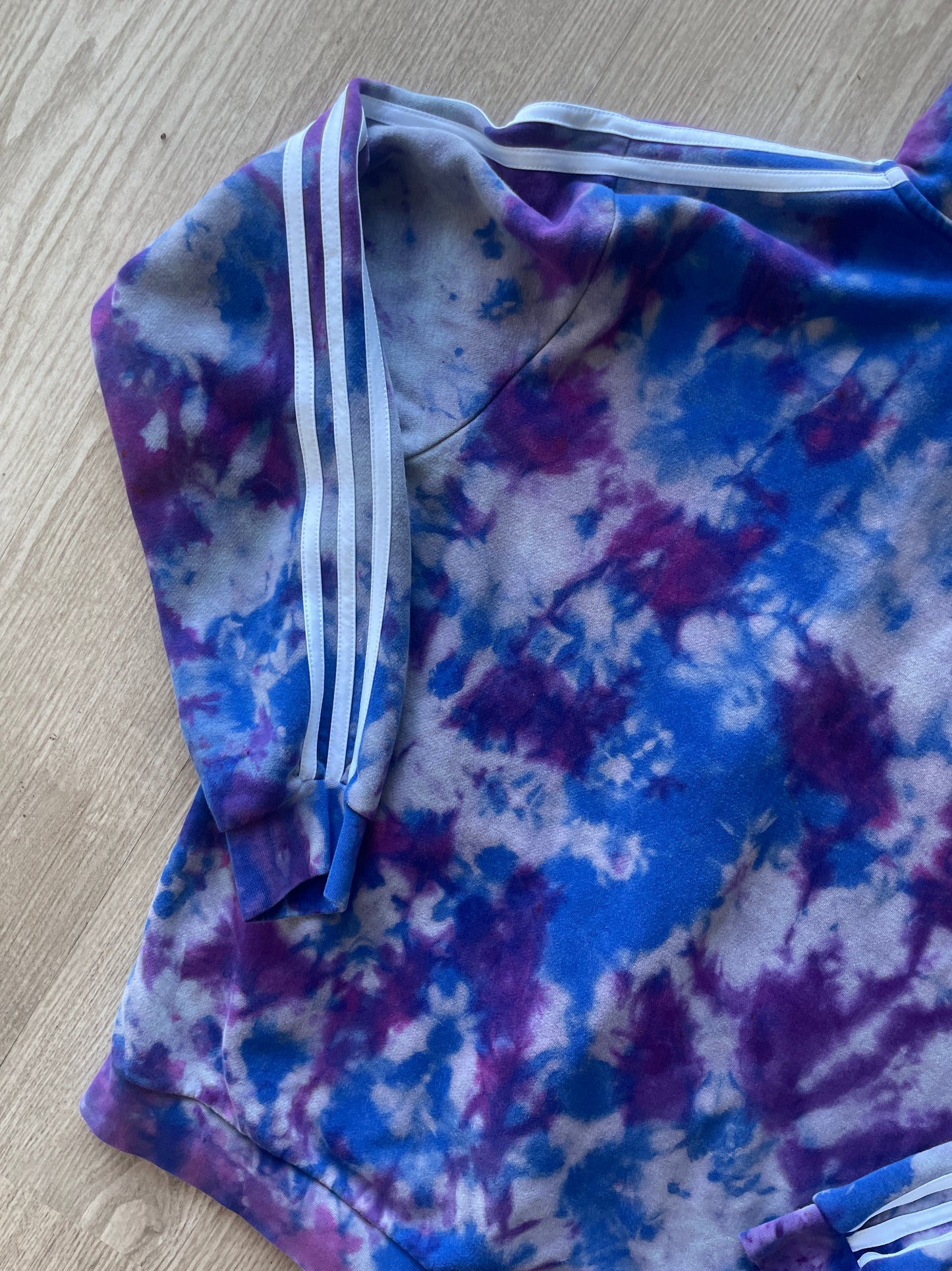 MEDIUM Men's adidas three stripes Handmade Reverse Tie Dye Long Sleeve Hoodie | One-Of-a-Kind Upcycled Blue and Purple Sweatshirt