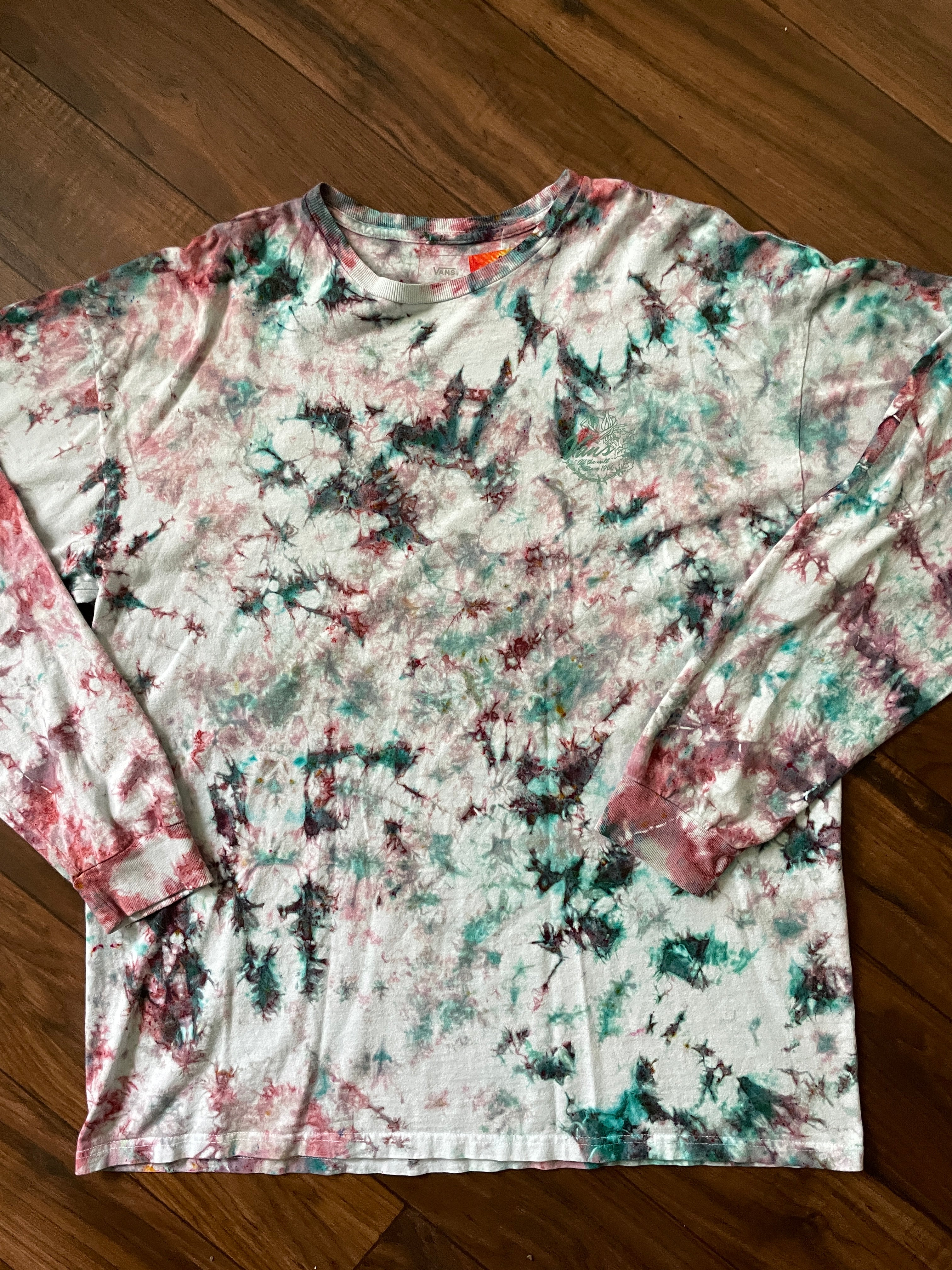 Vans off the Wall Roses Handmade Tie Dye T-Shirt | Pink and Mint Green Crumpled Tie Dye Long Sleeve | XL Men's