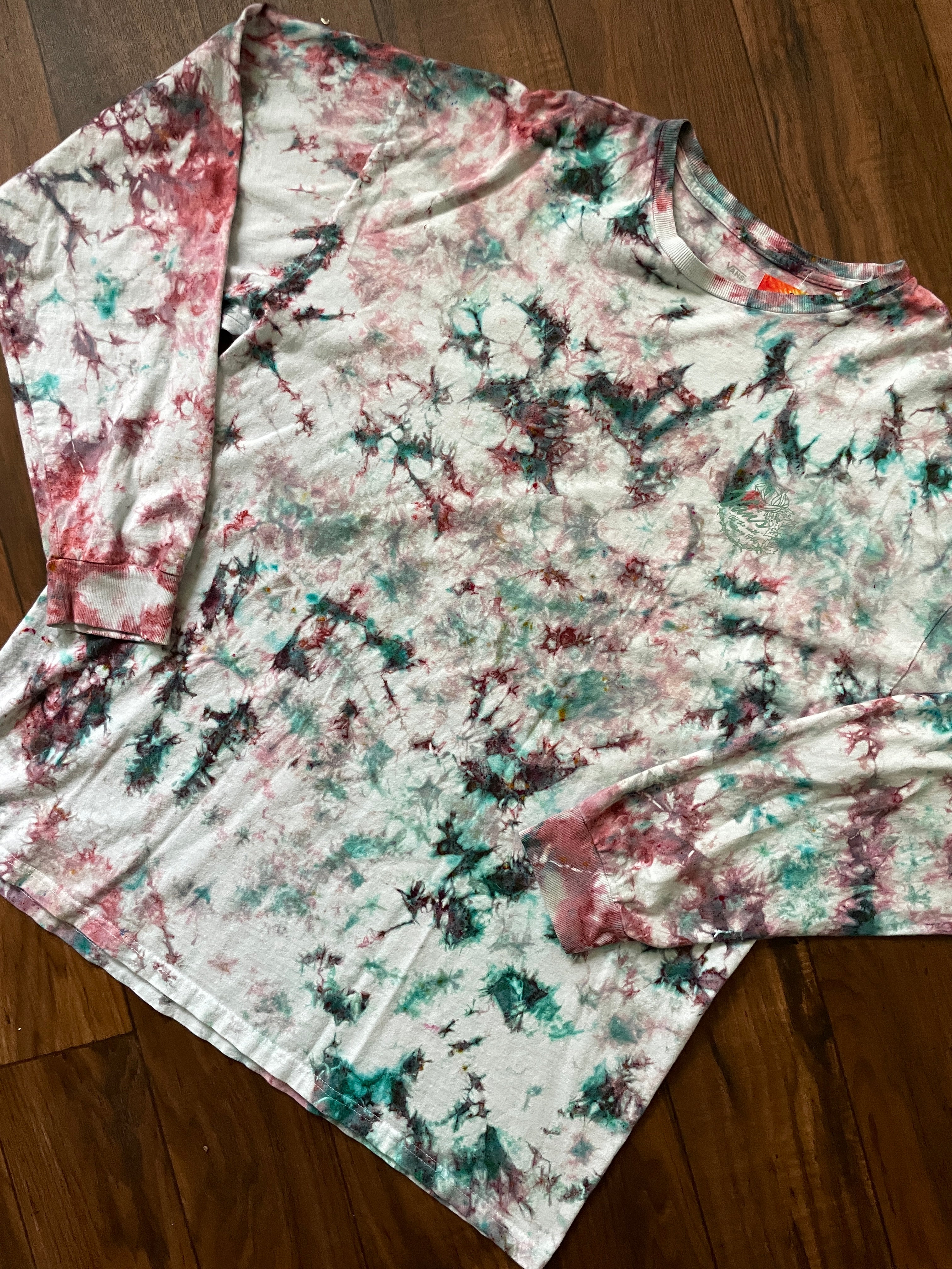 Vans off the Wall Roses Handmade Tie Dye T-Shirt | Pink and Mint Green Crumpled Tie Dye Long Sleeve | XL Men's