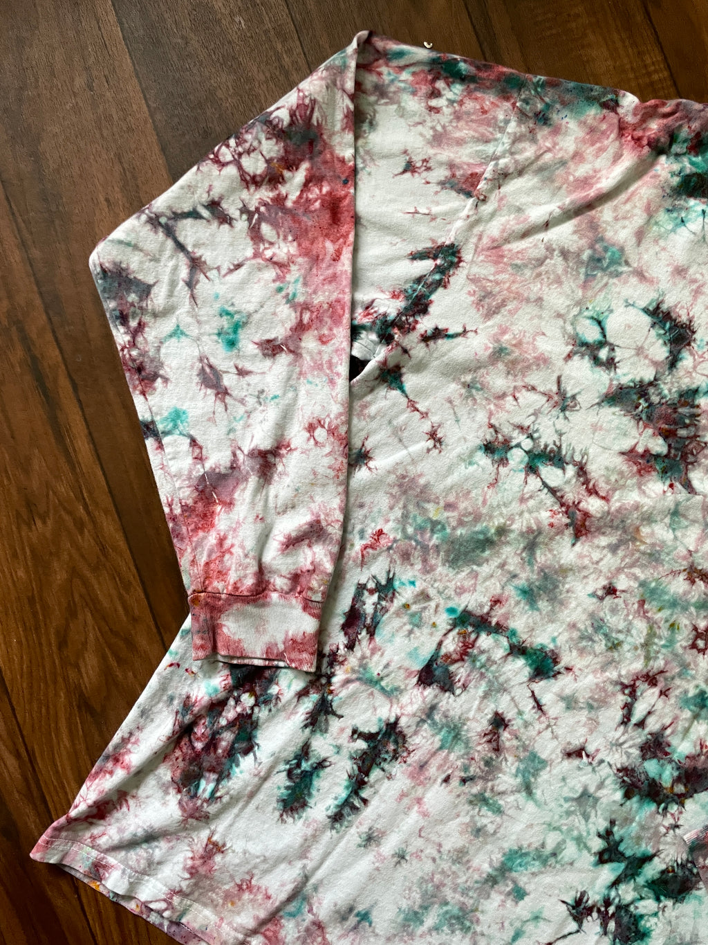 Vans off the Wall Roses Handmade Tie Dye T-Shirt | Pink and Mint Green Crumpled Tie Dye Long Sleeve | XL Men's