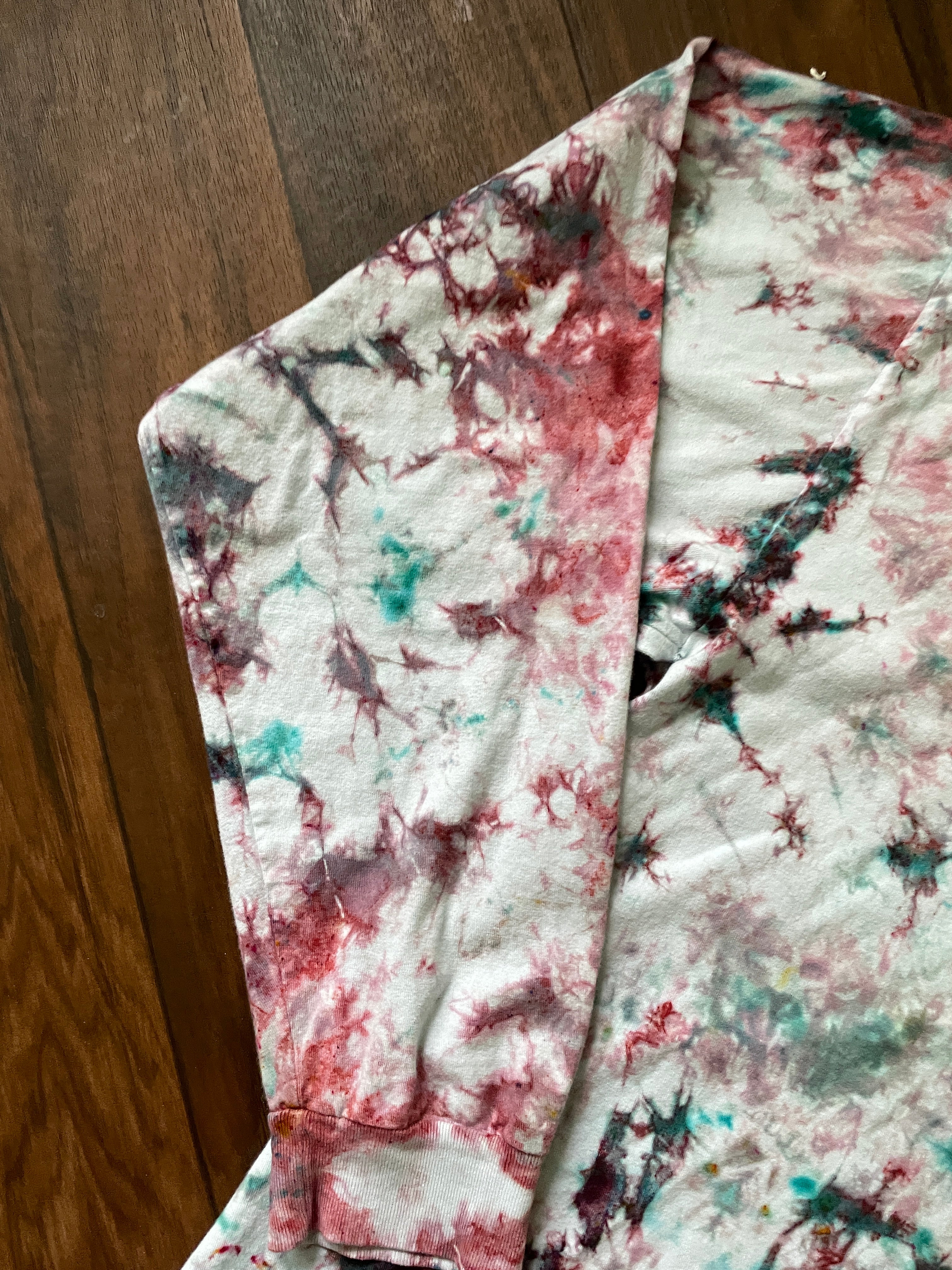 Vans off the Wall Roses Handmade Tie Dye T-Shirt | Pink and Mint Green Crumpled Tie Dye Long Sleeve | XL Men's