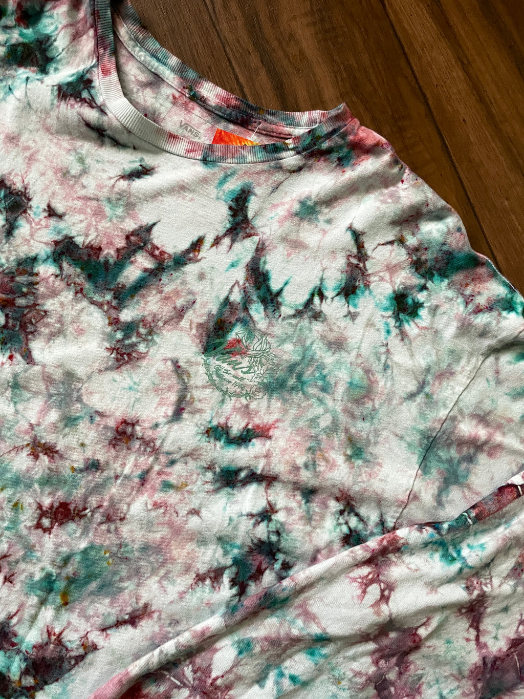 Vans off the Wall Roses Handmade Tie Dye T-Shirt | Pink and Mint Green Crumpled Tie Dye Long Sleeve | XL Men's