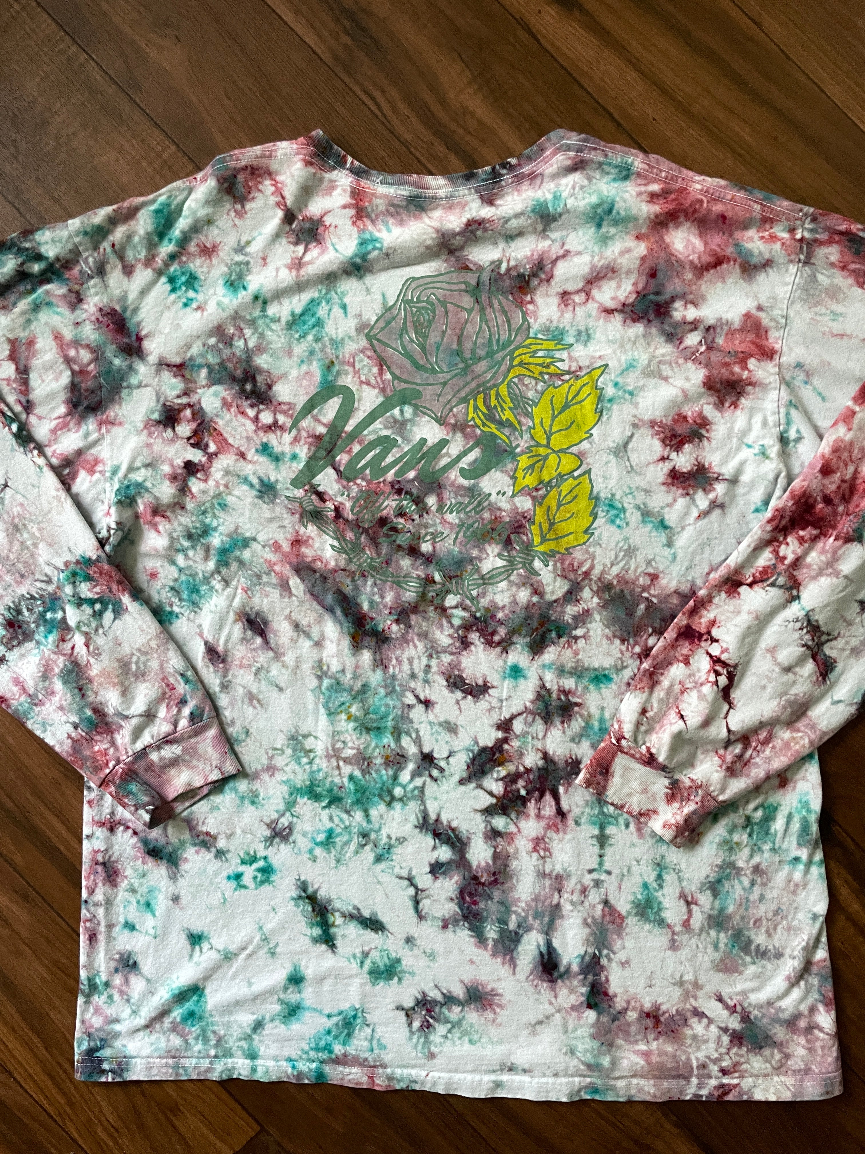 Vans off the Wall Roses Handmade Tie Dye T-Shirt | Pink and Mint Green Crumpled Tie Dye Long Sleeve | XL Men's
