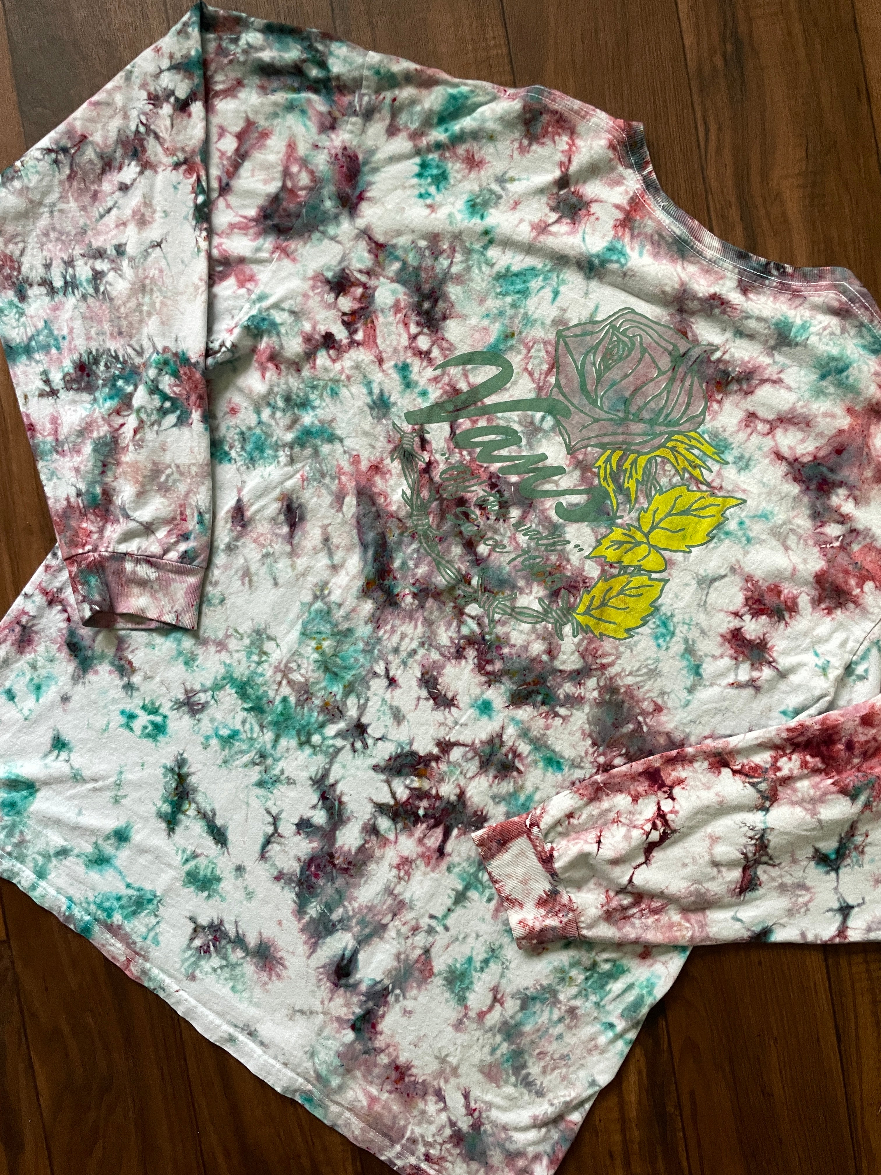 Vans off the Wall Roses Handmade Tie Dye T-Shirt | Pink and Mint Green Crumpled Tie Dye Long Sleeve | XL Men's