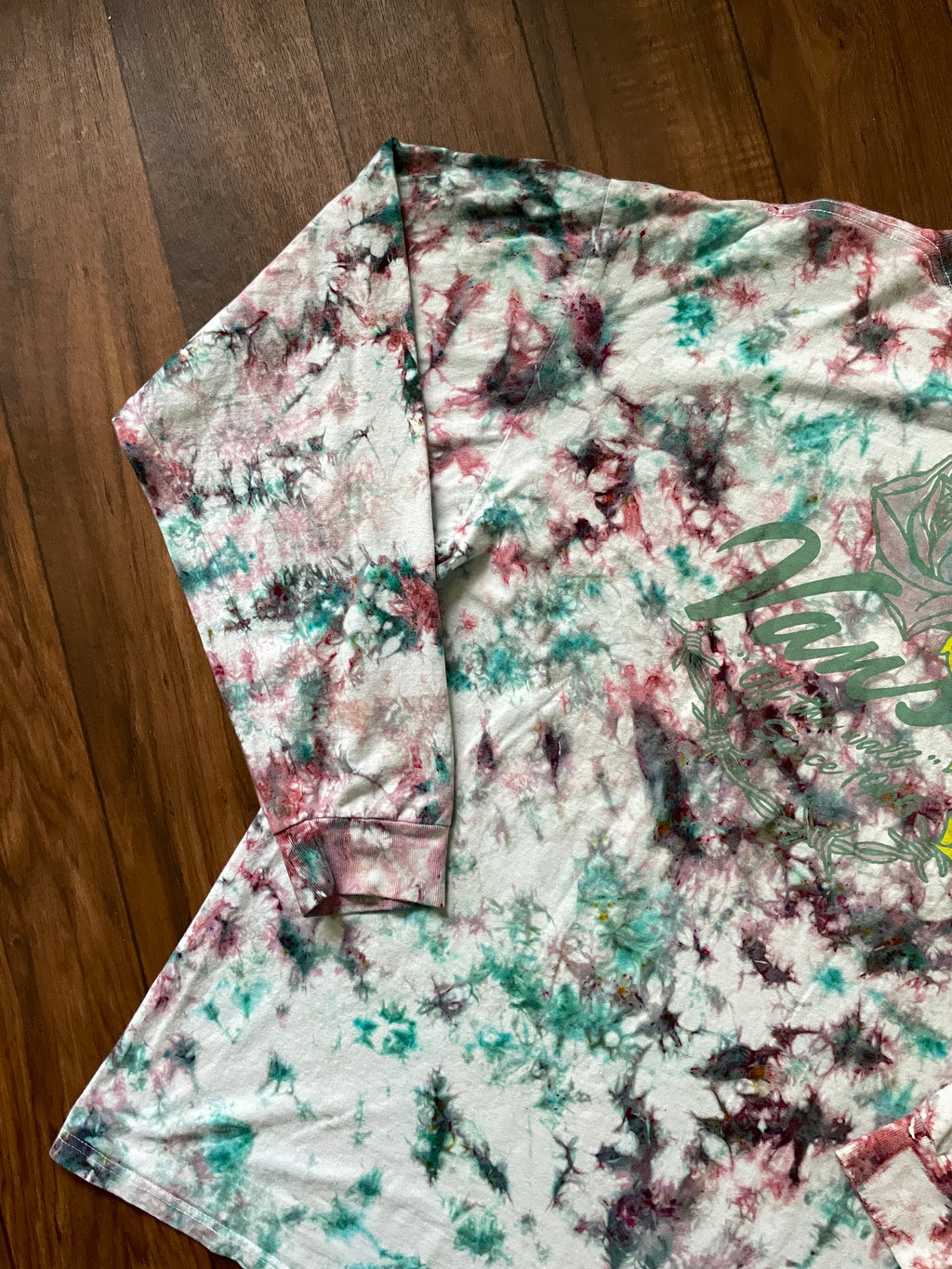 Vans off the Wall Roses Handmade Tie Dye T-Shirt | Pink and Mint Green Crumpled Tie Dye Long Sleeve | XL Men's