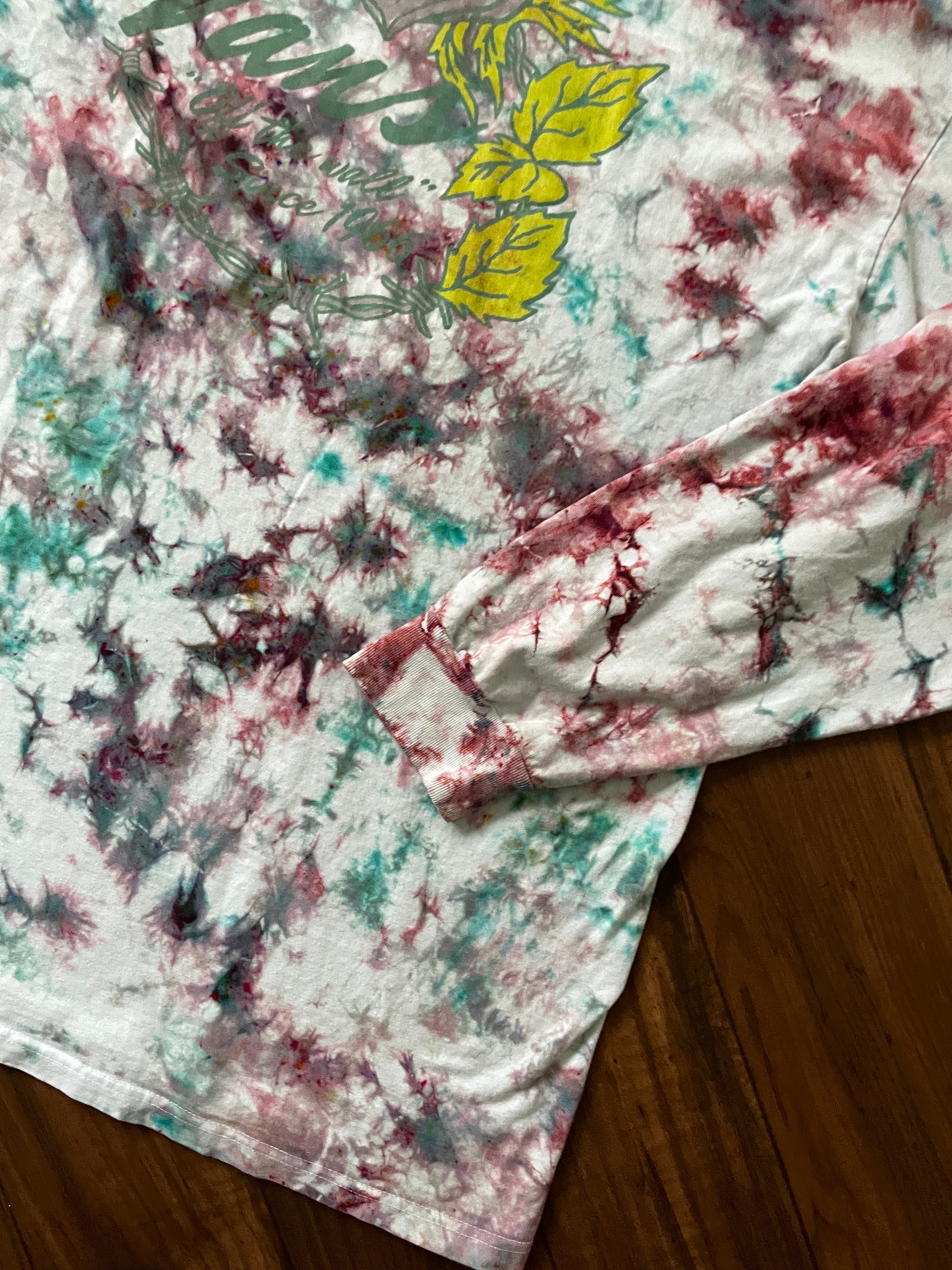 Vans off the Wall Roses Handmade Tie Dye T-Shirt | Pink and Mint Green Crumpled Tie Dye Long Sleeve | XL Men's