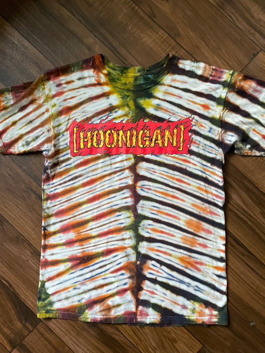 Hoonigan Handmade Reverse Tie Dye Short Sleeve T-Shirt | One-Of-a-Kind Upcycled Black, White, and Red V-Pleated Tie Dye Top | Men's Medium