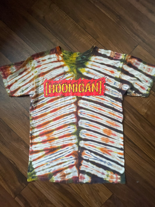 Hoonigan Handmade Reverse Tie Dye Short Sleeve T-Shirt | One-Of-a-Kind Upcycled Black, White, and Red V-Pleated Tie Dye Top | Men's Medium
