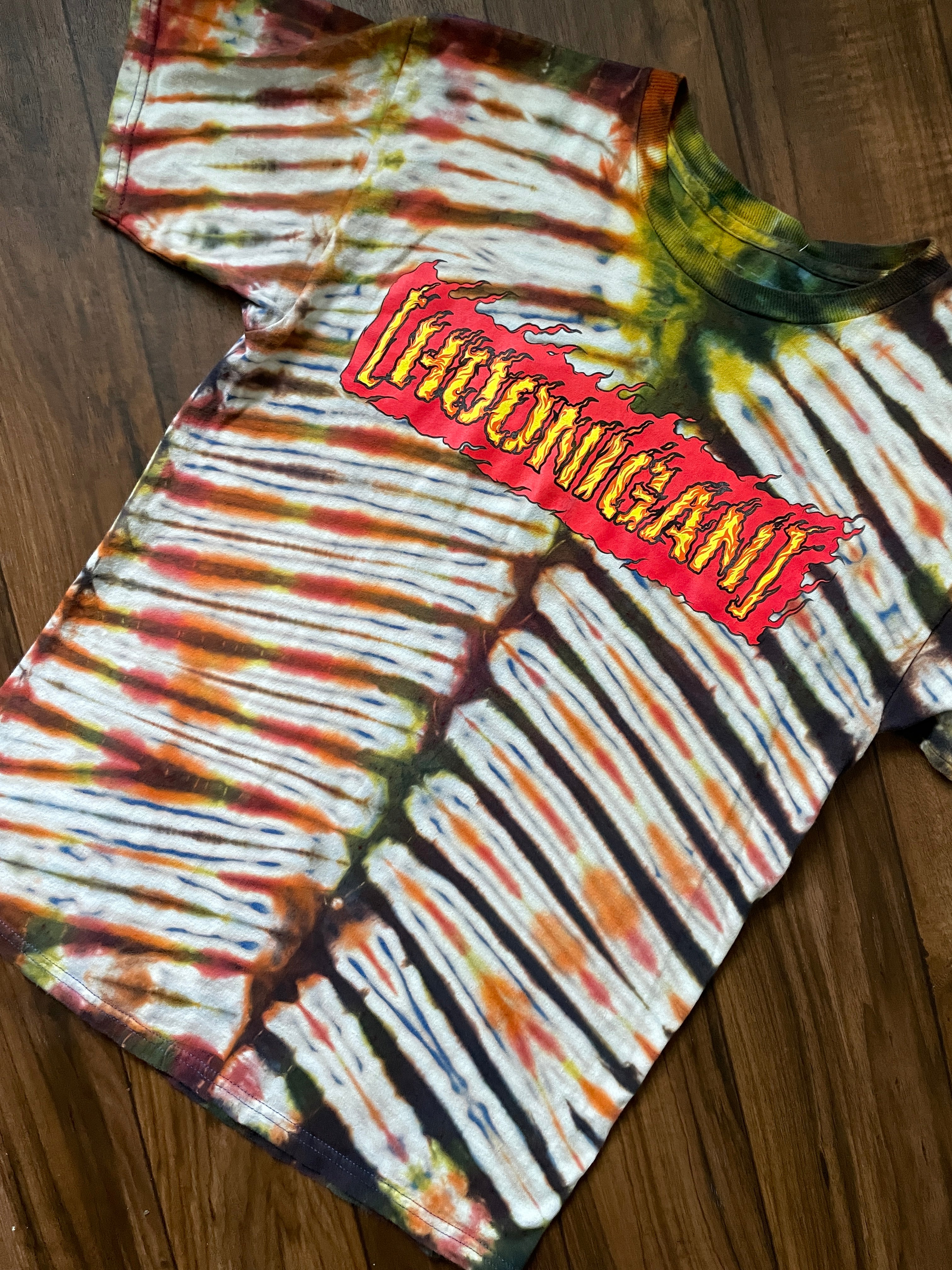 Hoonigan Handmade Reverse Tie Dye Short Sleeve T-Shirt | One-Of-a-Kind Upcycled Black, White, and Red V-Pleated Tie Dye Top | Men's Medium