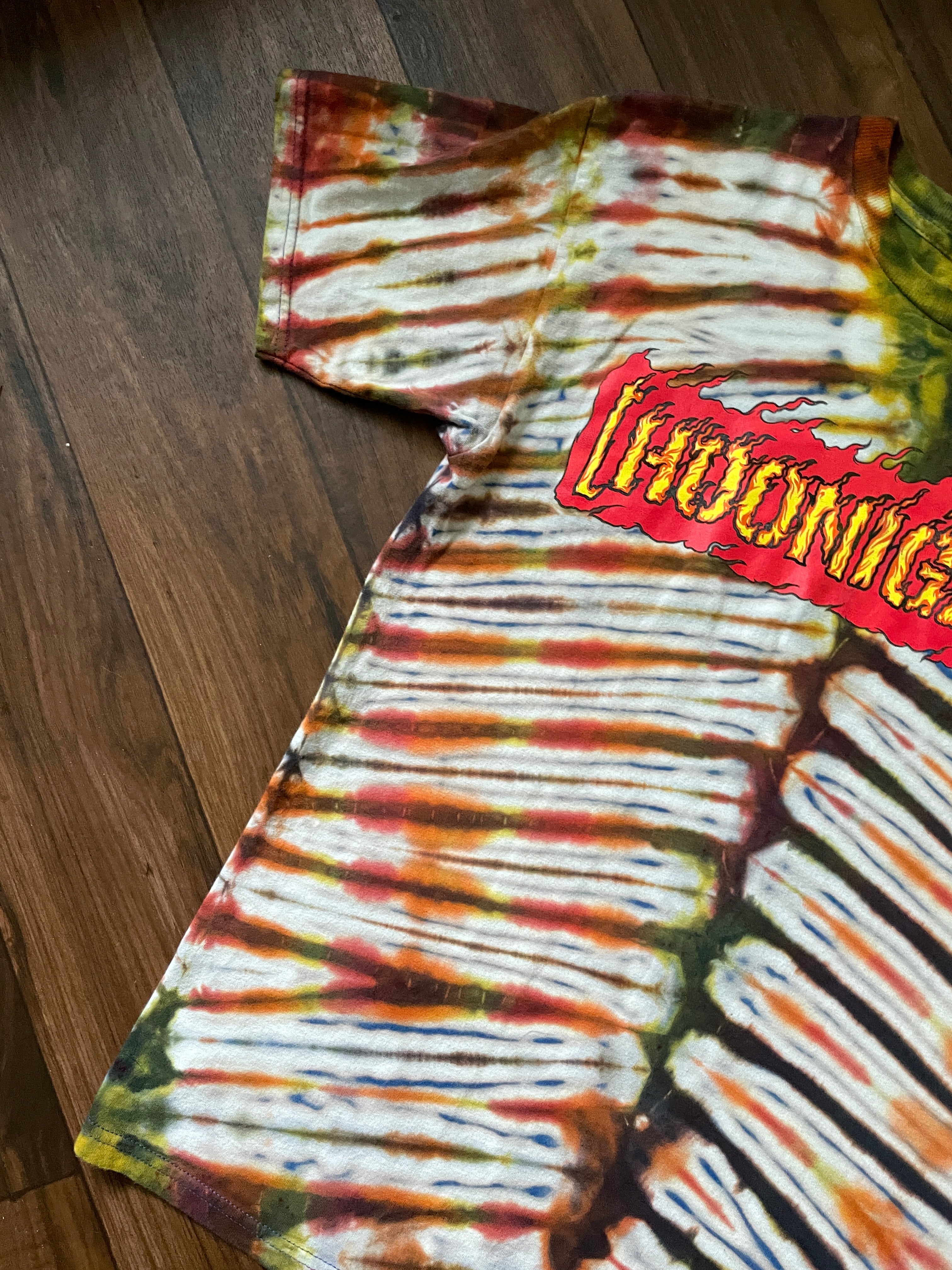 Hoonigan Handmade Reverse Tie Dye Short Sleeve T-Shirt | One-Of-a-Kind Upcycled Black, White, and Red V-Pleated Tie Dye Top | Men's Medium