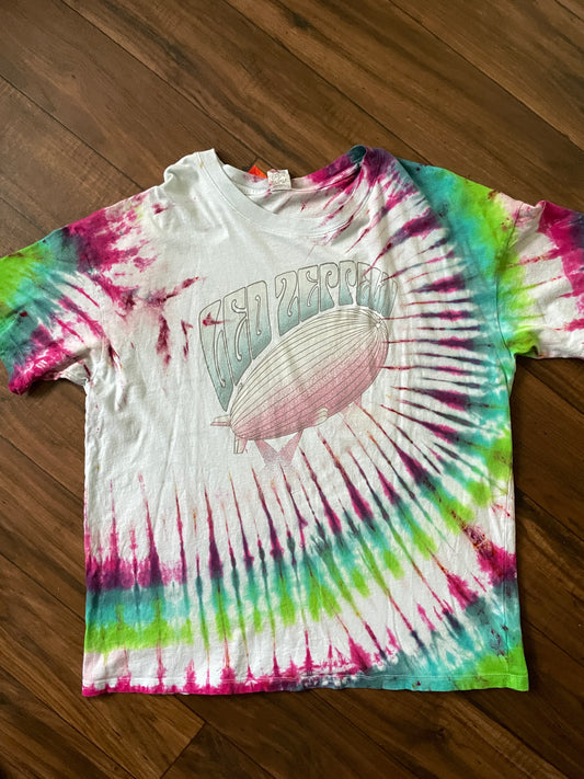 M/L Men's Led Zeppelin Mother Ship Handmade Tie Dye Short Sleeve T-Shirt | One-Of-a-Kind Upcycled Pink and Green Pleated Tie Dye Top