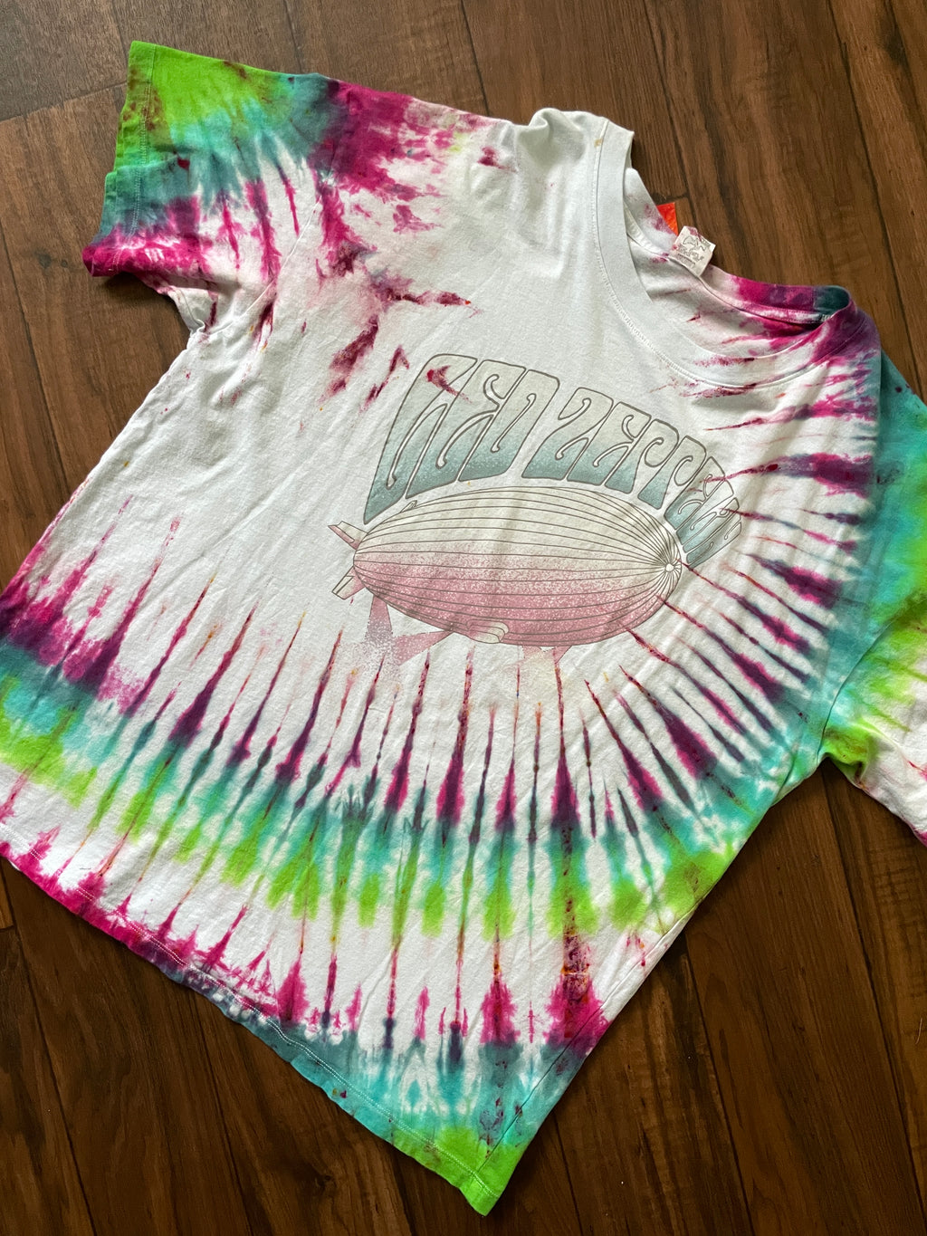 M/L Men's Led Zeppelin Mother Ship Handmade Tie Dye Short Sleeve T-Shirt | One-Of-a-Kind Upcycled Pink and Green Pleated Tie Dye Top