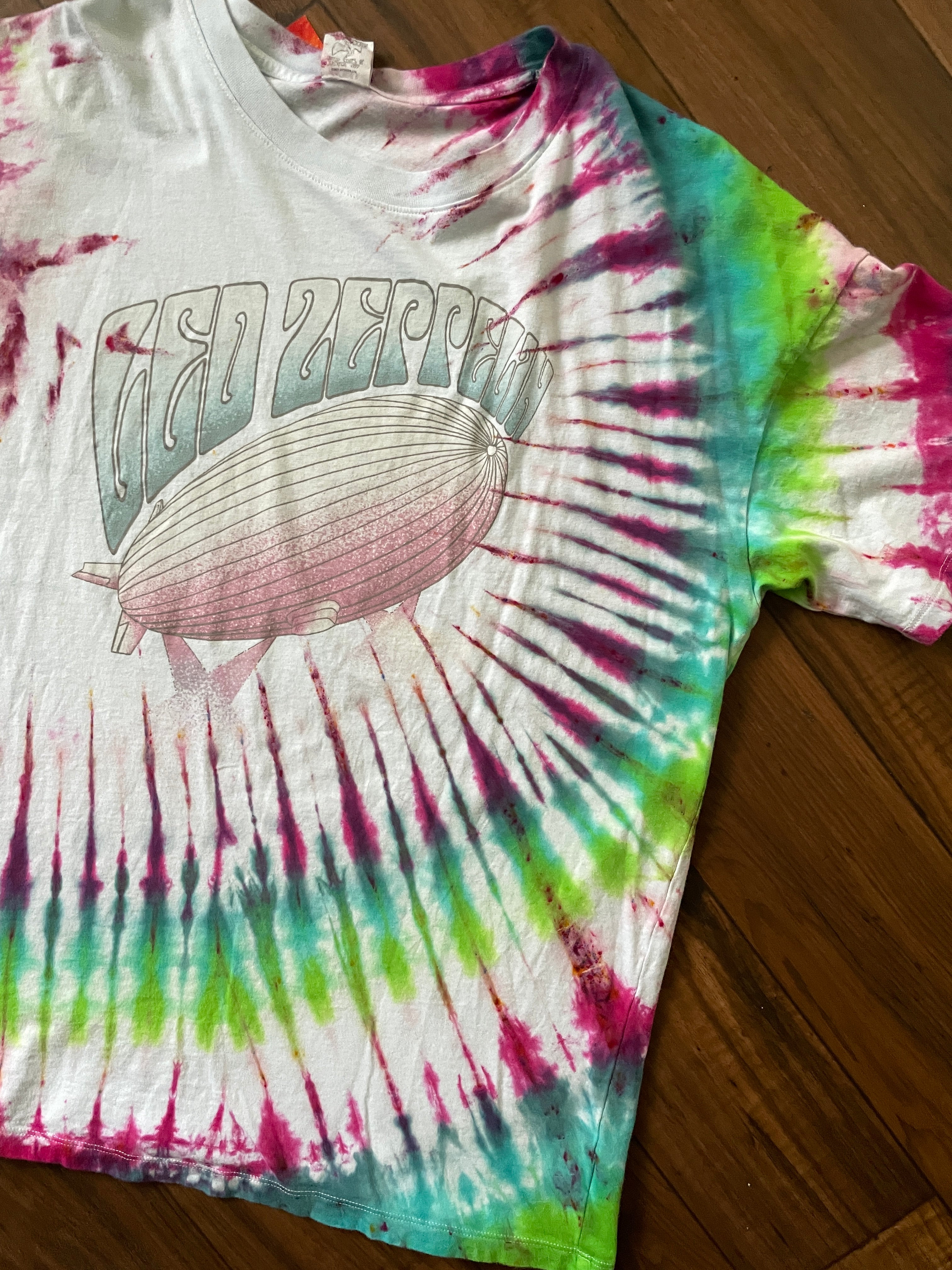 M/L Men's Led Zeppelin Mother Ship Handmade Tie Dye Short Sleeve T-Shirt | One-Of-a-Kind Upcycled Pink and Green Pleated Tie Dye Top