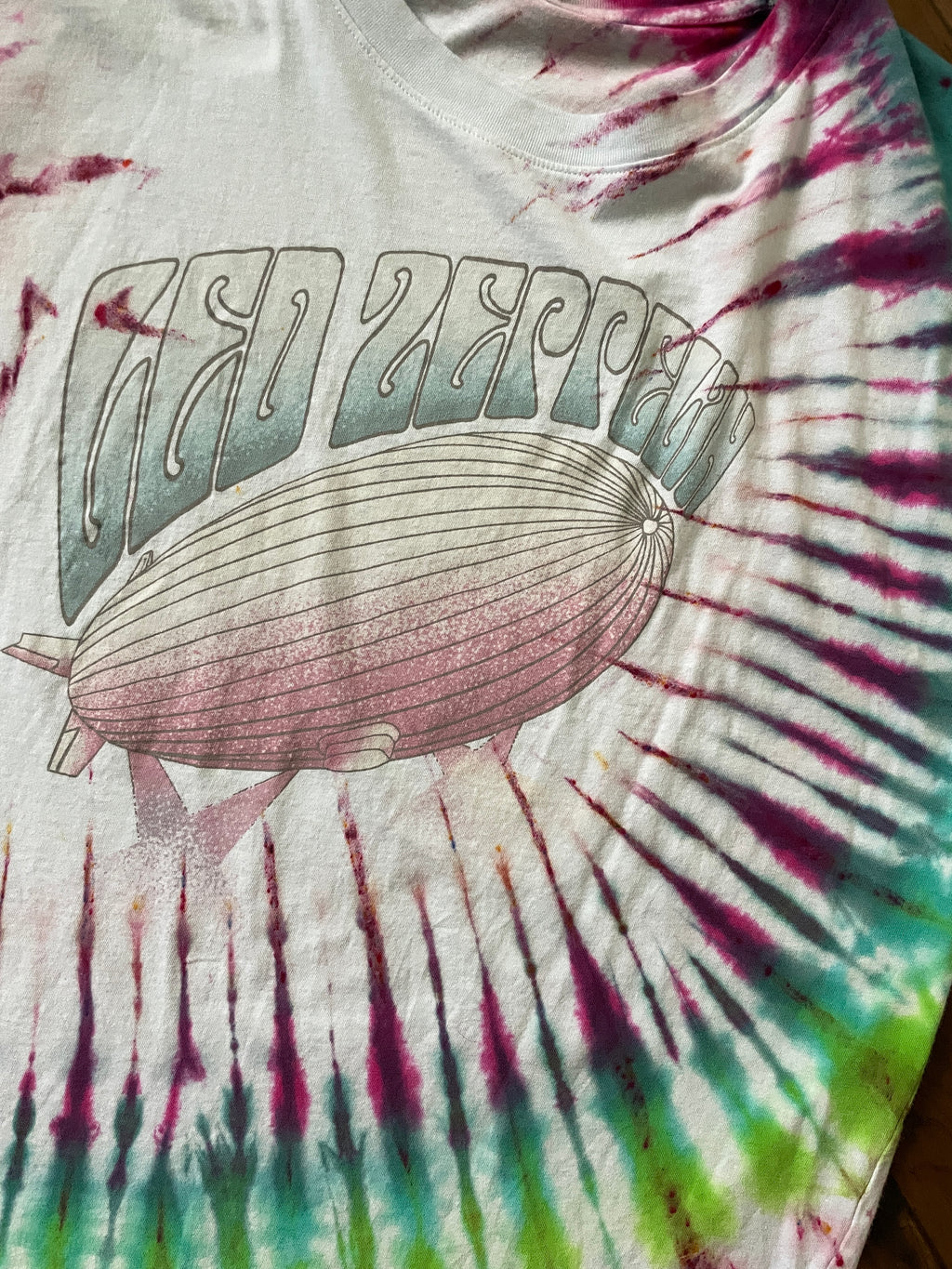 M/L Men's Led Zeppelin Mother Ship Handmade Tie Dye Short Sleeve T-Shirt | One-Of-a-Kind Upcycled Pink and Green Pleated Tie Dye Top