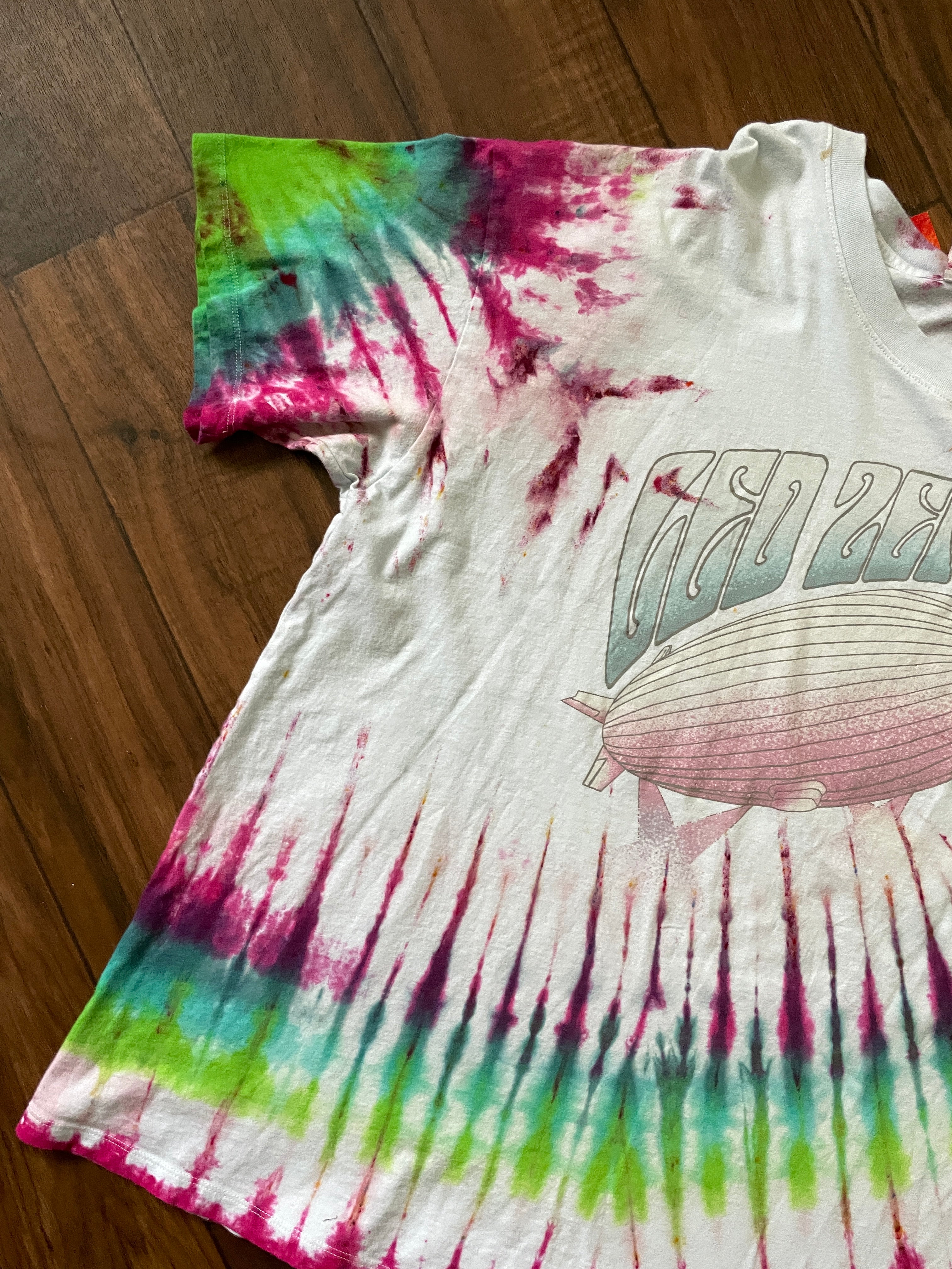 M/L Men's Led Zeppelin Mother Ship Handmade Tie Dye Short Sleeve T-Shirt | One-Of-a-Kind Upcycled Pink and Green Pleated Tie Dye Top